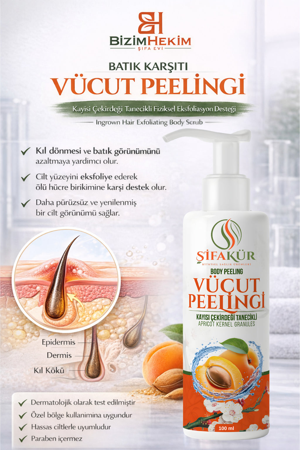 ŞİFAKÜR Batık Karşıtı Vücut Peelingi 100 ml – Kıl Dönmesi, Pürüzlü Cilt ve Özel Bölge Bakımı