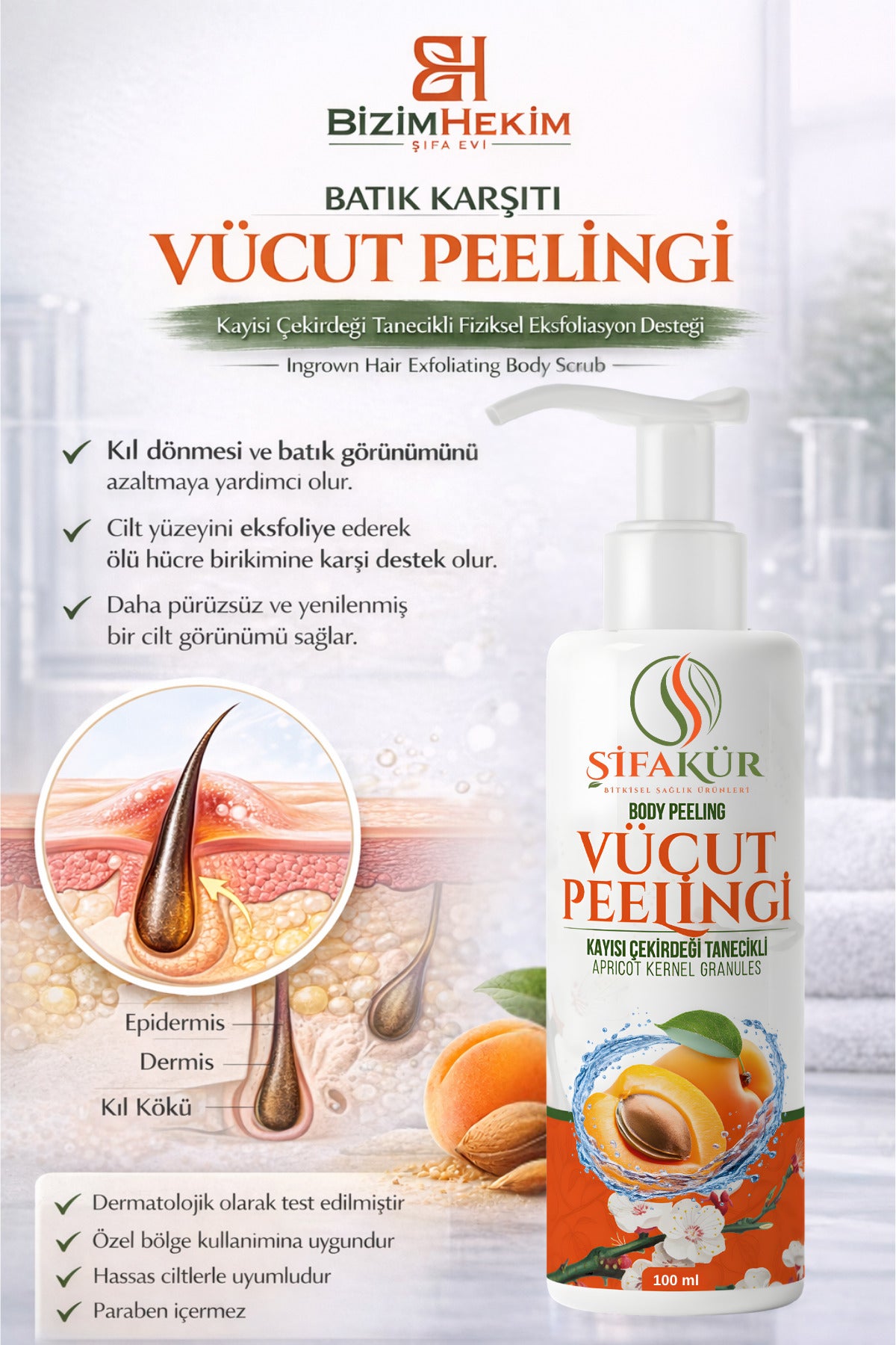 ŞİFAKÜR Batık Karşıtı Vücut Peelingi 100 ml – Kıl Dönmesi, Pürüzlü Cilt ve Özel Bölge Bakımı