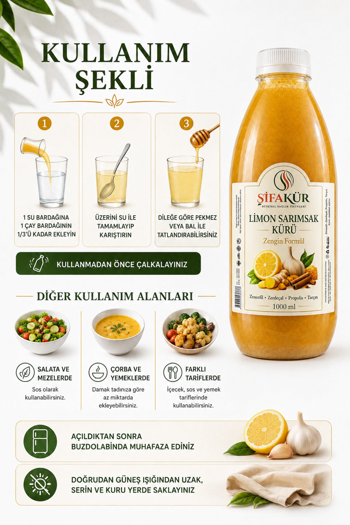 Limon Sarımsak Kürü 1000ml Zencefilli Zerdeçallı Propolisli Tarçınlı 60 Gün Dinlendirilmiş