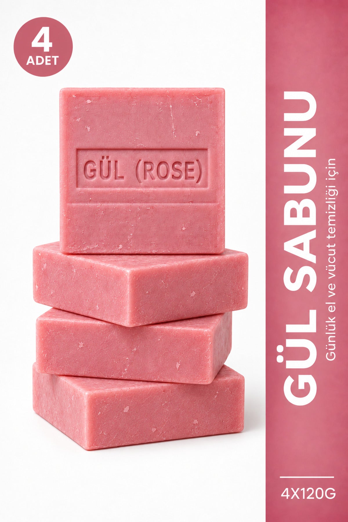 Gül Sabunu 4'lü Paket 4 x 120 g Gül Özlü Gül Kokulu Nemlendirici El Yüz ve Vücut Sabunu