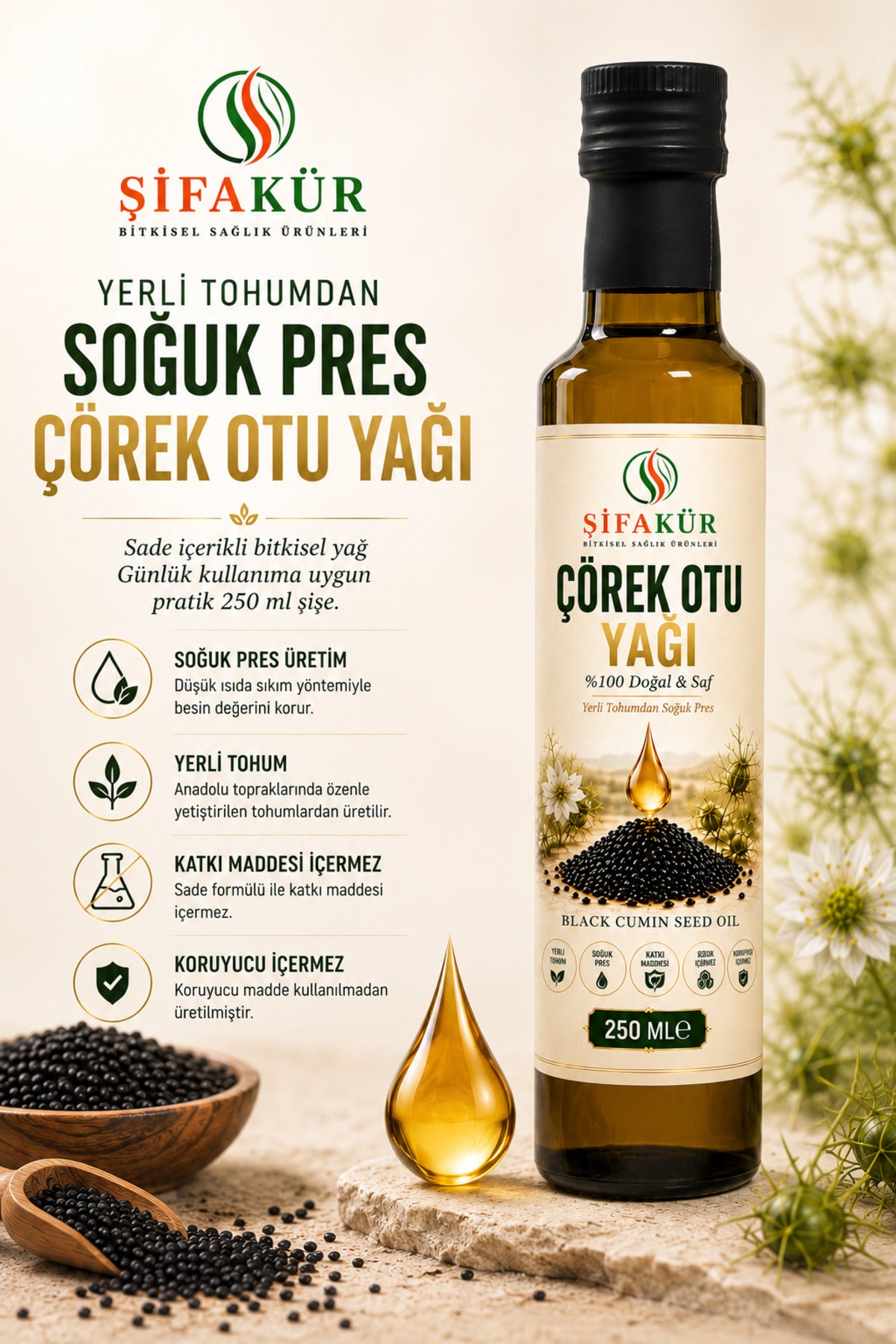 Şifakür Çörek Otu Yağı (Çörekotu) 250 ml Soğuk Pres Yerli Tohum Katkısız Cam Şişe