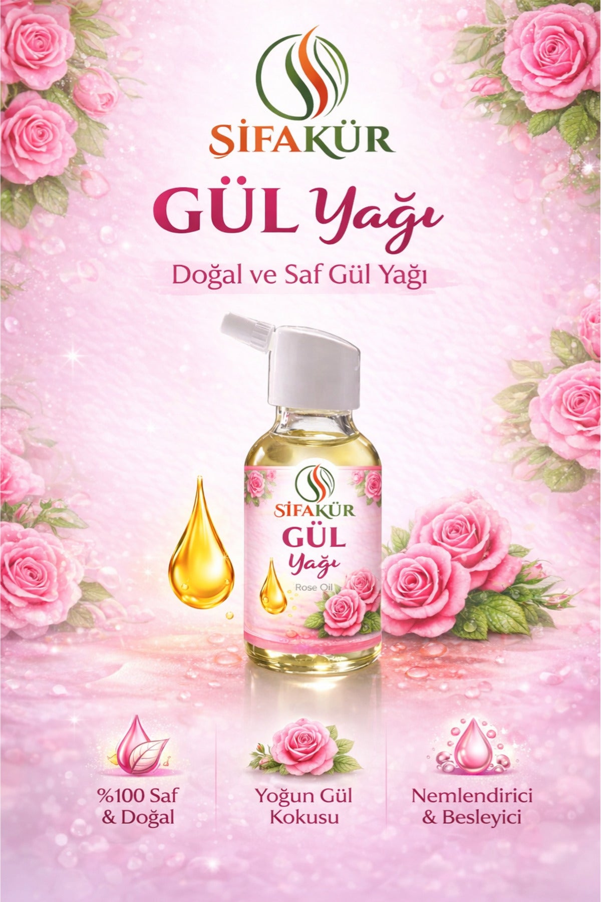 Şifakür %100 Saf Doğal Gül Yağı Damlalıklı Cilt Saç Masaj Bakımı 20ml