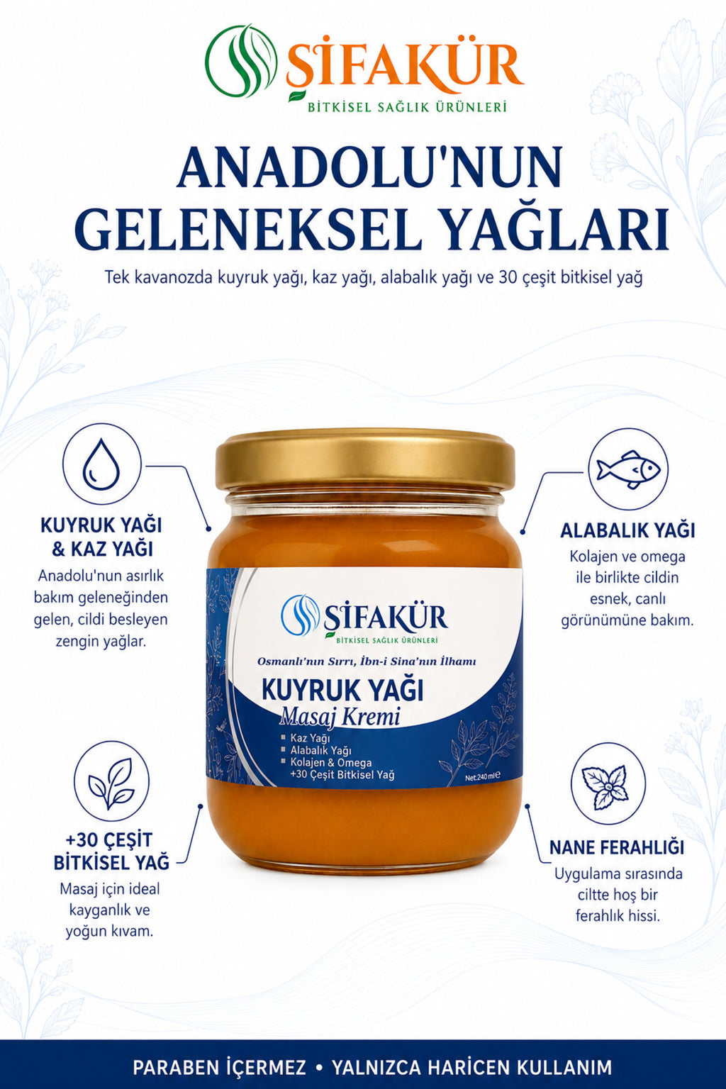 Şifakür Kuyruk Yağı Masaj Kremi Kaz Yağı Alabalık Yağı Kolajenli Cilt Bakım Kremi 240 ml