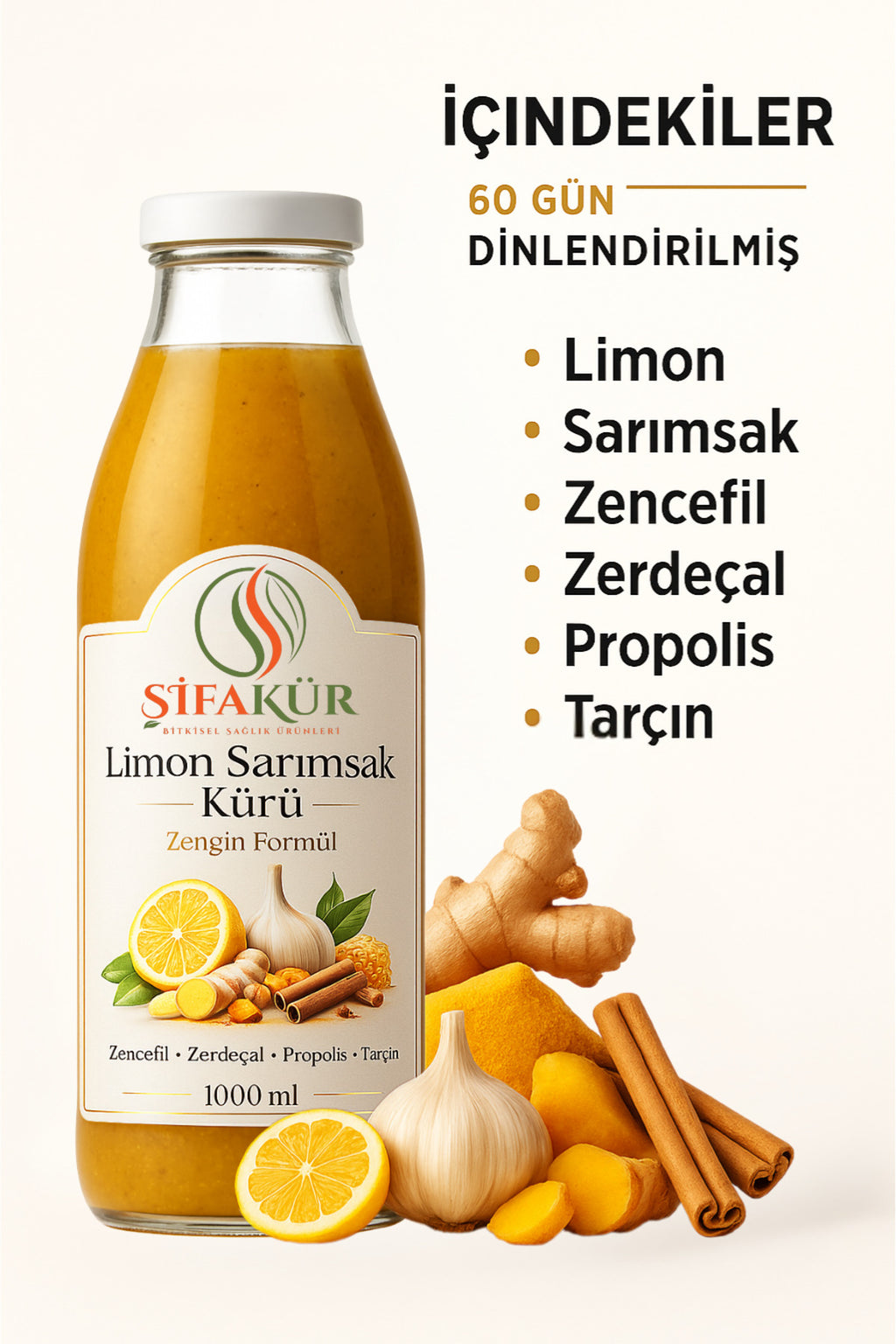Şifakür Limon Sarımsak Kürü 1000ml | 60 Gün Dinlendirilmiş Propolis Zencefil Zerdeçal Tarçınlı Deste