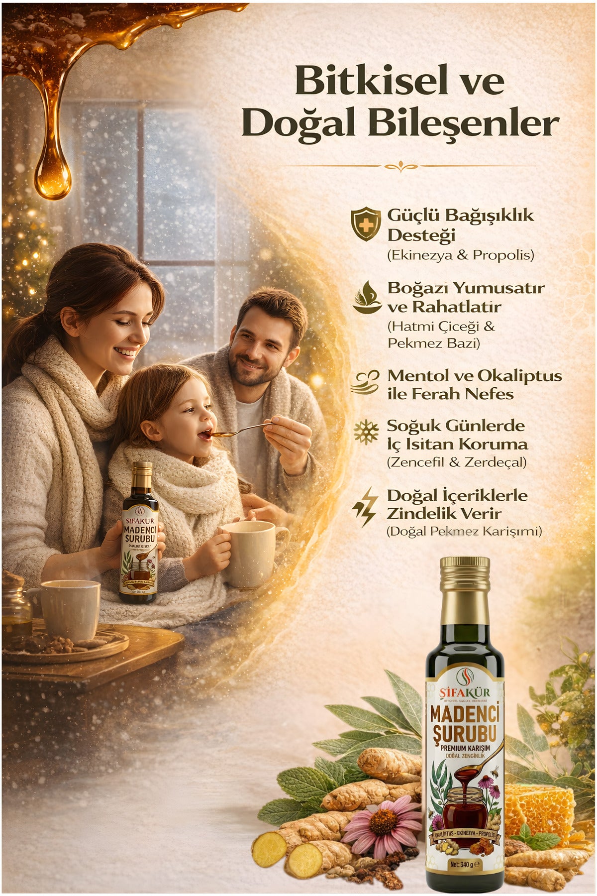 Şifakür Madenci Şurubu Propolis Zerdeçal Zencefil Okaliptus Özlü Kış Karışımı 340 Gr