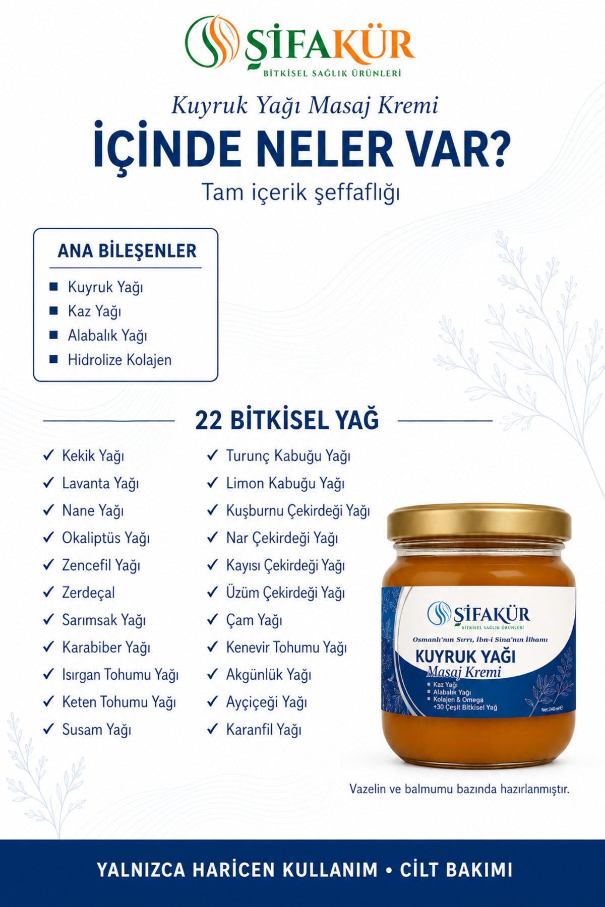 Şifakür Kuyruk Yağı Masaj Kremi Kaz Yağı Alabalık Yağı Kolajenli Cilt Bakım Kremi 240 ml