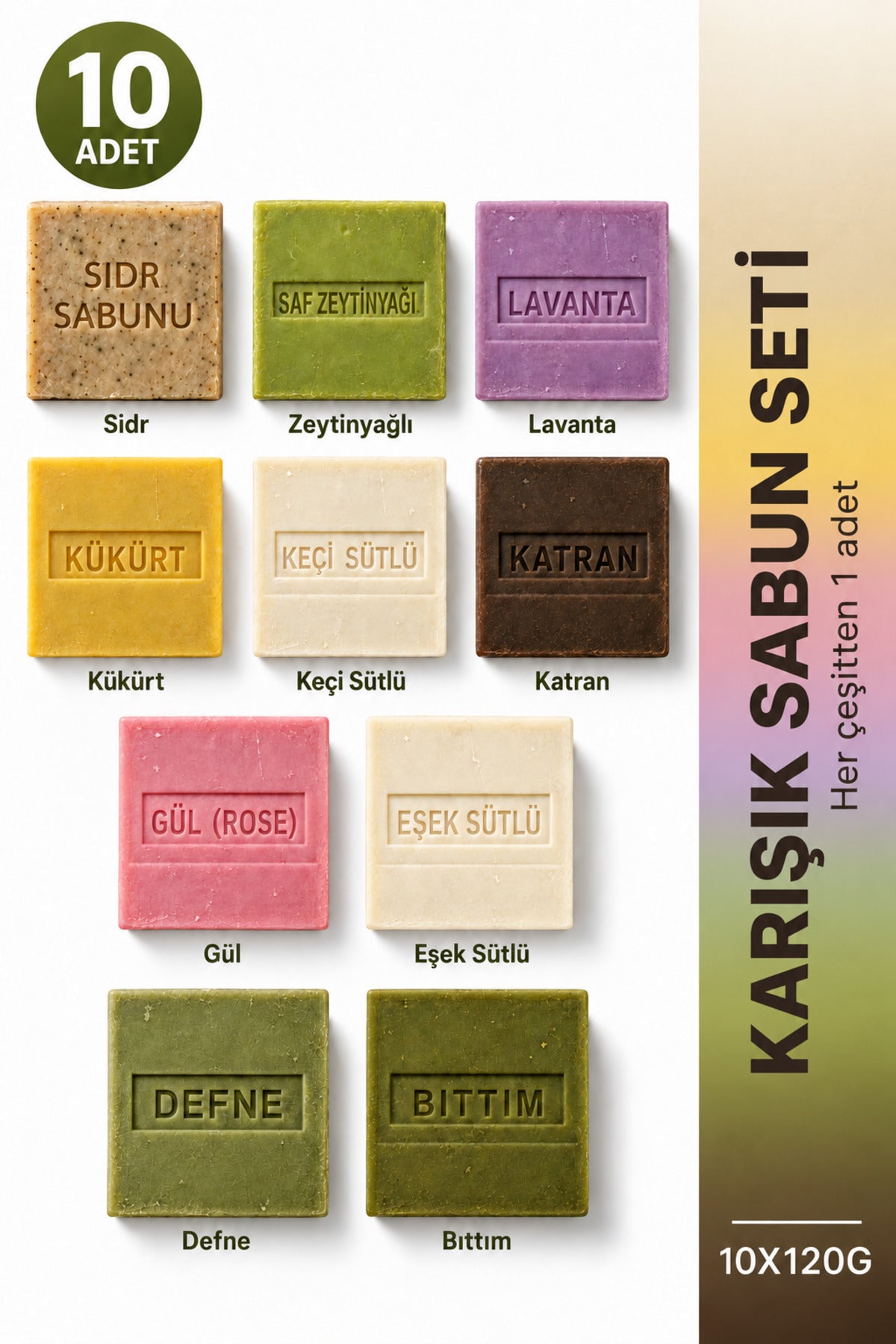 Karışık Sabun Seti 10'lu 10 x 120 g Zeytinyağlı Gül Lavanta Sidr Defne Bıttım Kükürt Katran Sabunu