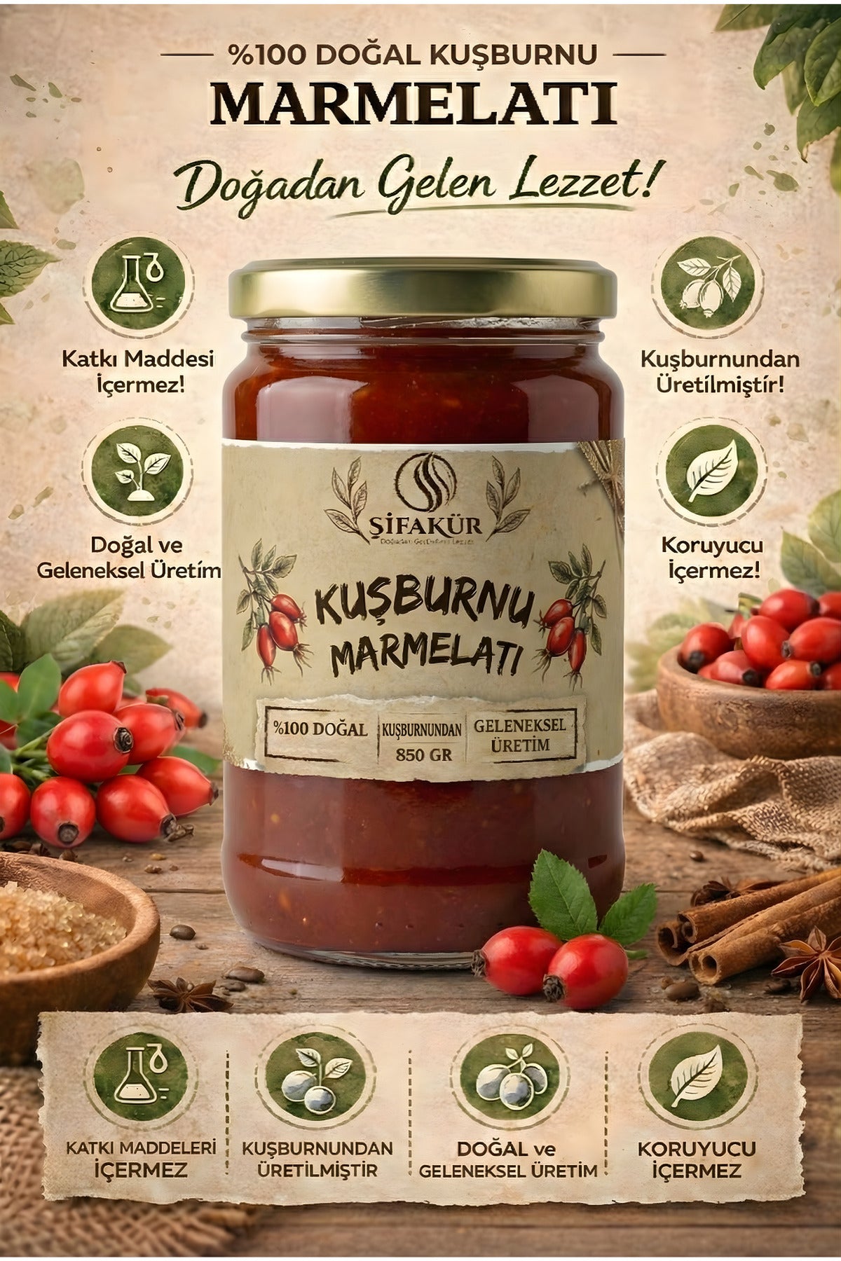 Şifakür Kuşburnu Marmelatı Katkısız Şeker İlavesiz Doğal Kahvaltılık 850g