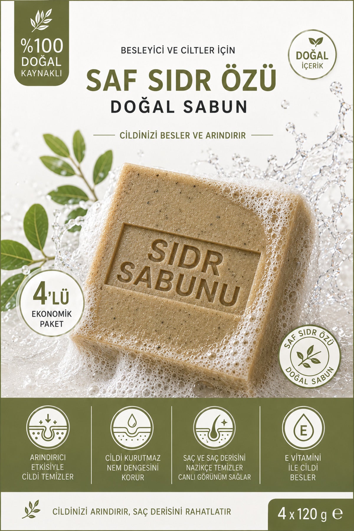 Şifakür Doğal Sidr Sabunu 4 x 120 g | Lote Ağacı Özlü Cilt ve Saç Bakım Sabunu, Arındırıcı Etkili Ekonomik Paket