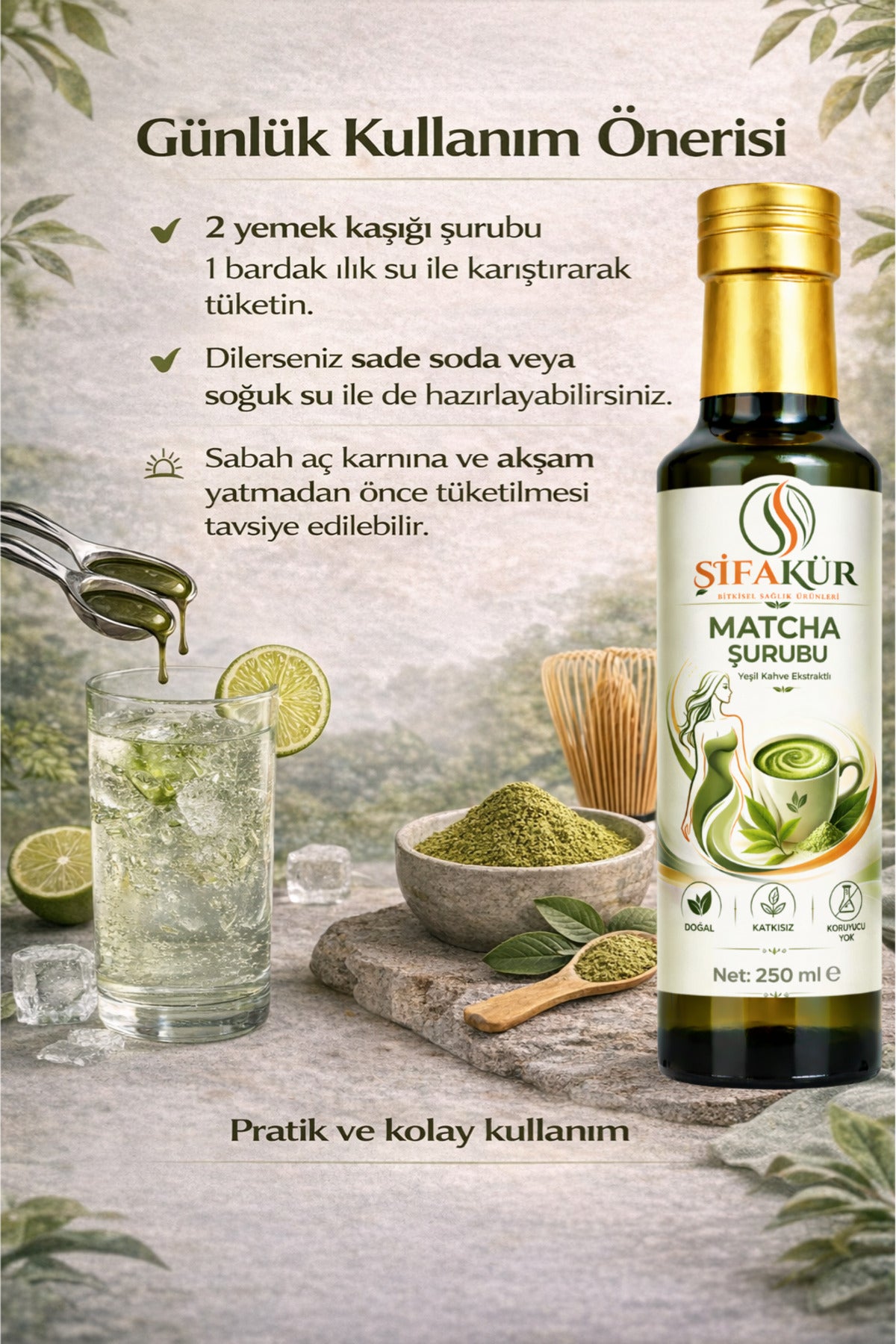 Şifakür Japon Matcha Şurubu 250 ml Yeşil Çay Ekstraktlı Bitkisel İçerikli Sıvı Ürün