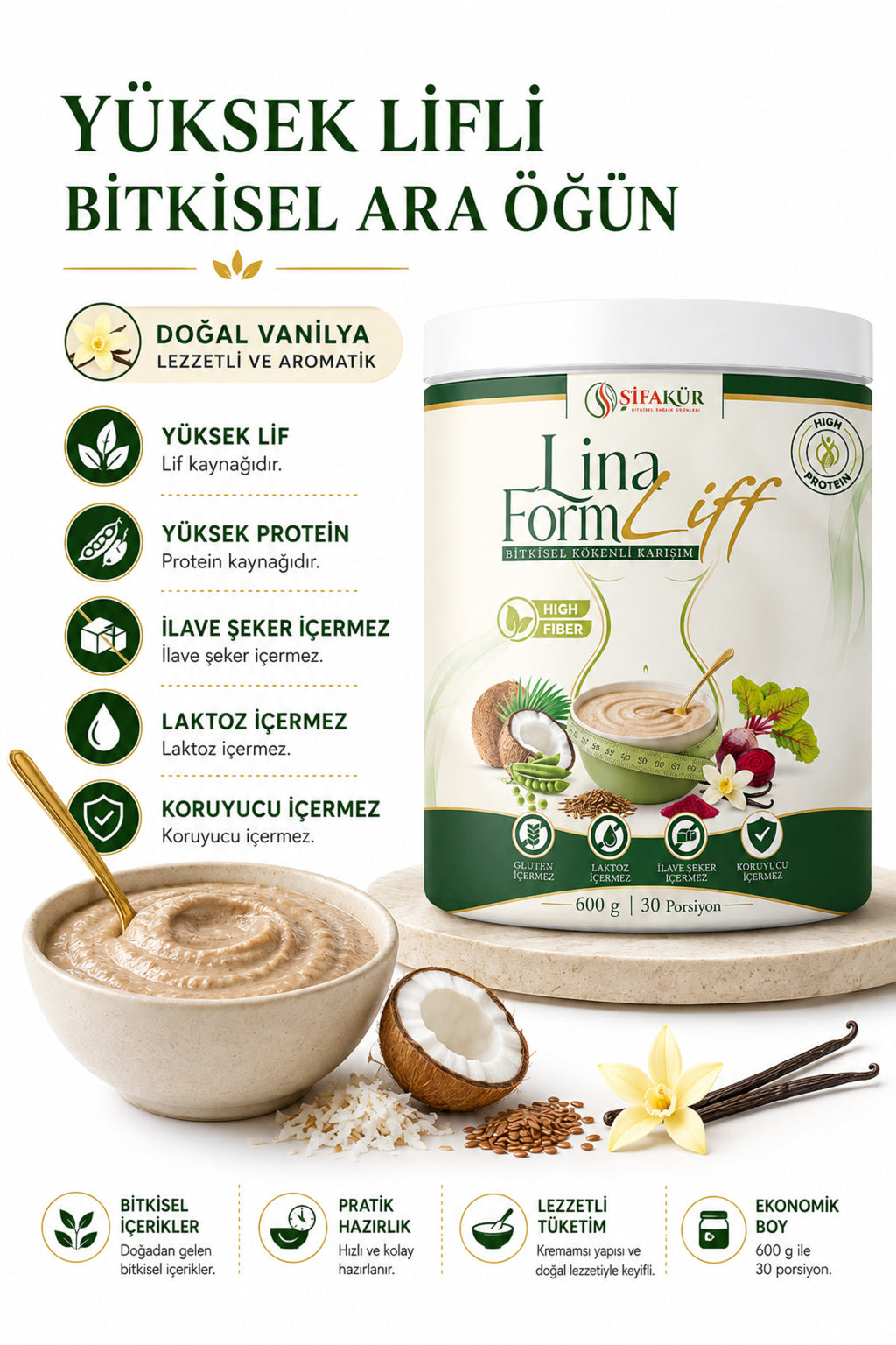 Lina FormLiff Yüksek Lifli Prebiyotik Toz İnülin Akasya Gamı Glutensiz Vanilyalı 600 g