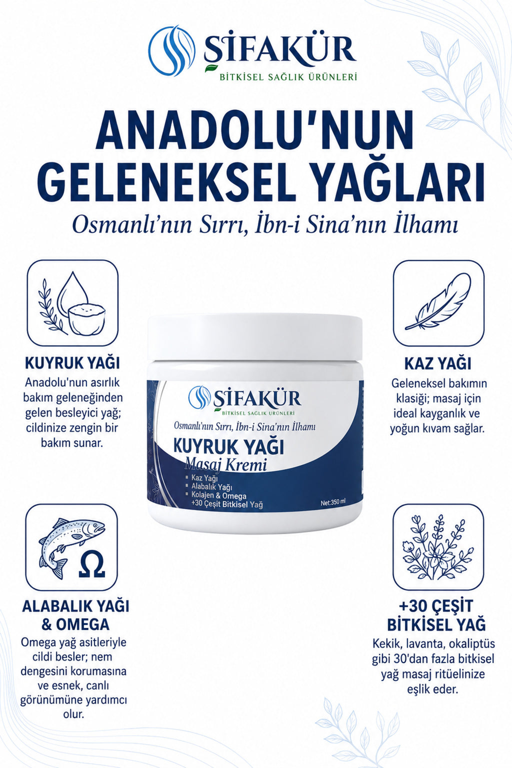 Şifakür Kuyruk Yağı Masaj Kremi Kaz Yağı Alabalık Yağı Kolajenli Cilt Bakım Kremi 350 ml