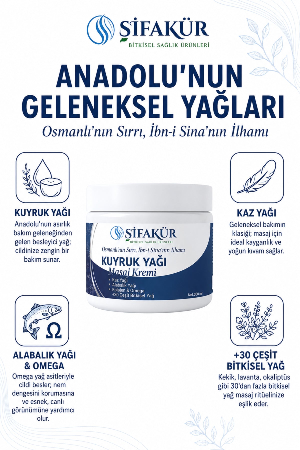 Şifakür Kuyruk Yağı Masaj Kremi Kaz Yağı Alabalık Yağı Kolajenli Cilt Bakım Kremi 350 ml