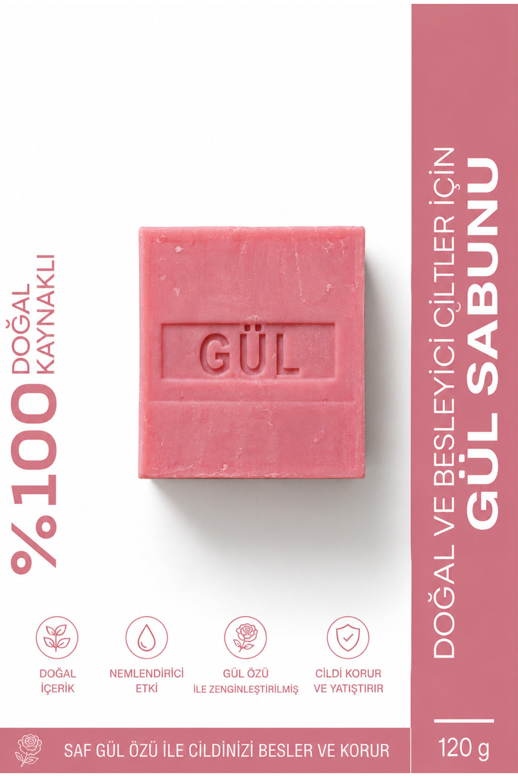 Saf Gül Özlü Gül Sabunu 120 g | Doğal Kaynaklı El, Yüz ve Vücut Sabunu, Nemlendirici Etkili