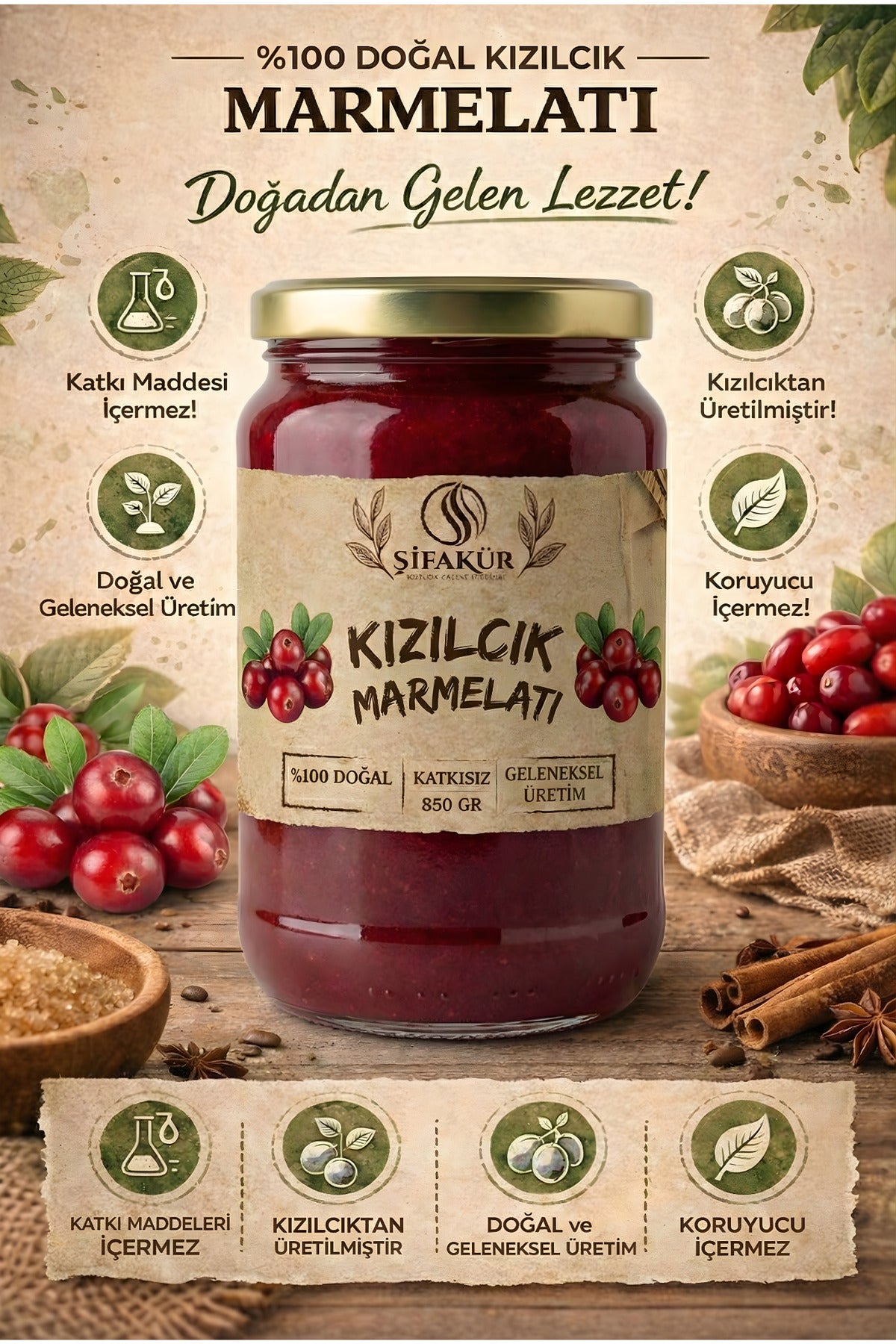 Şifakür Kızılcık Marmelatı Şeker İlavesiz Doğal Geleneksel Kahvaltılık 850g