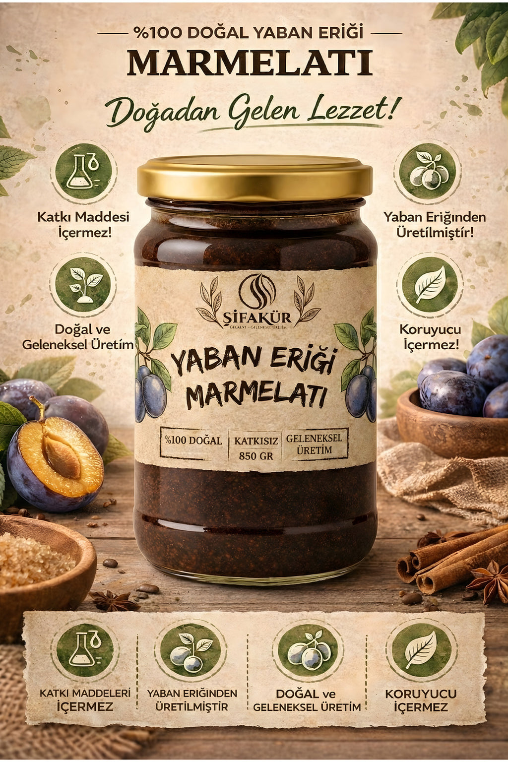 Şifakür Yaban Eriği Marmelatı Doğal Katkısız Şeker İlavesiz Kahvaltılık 850g