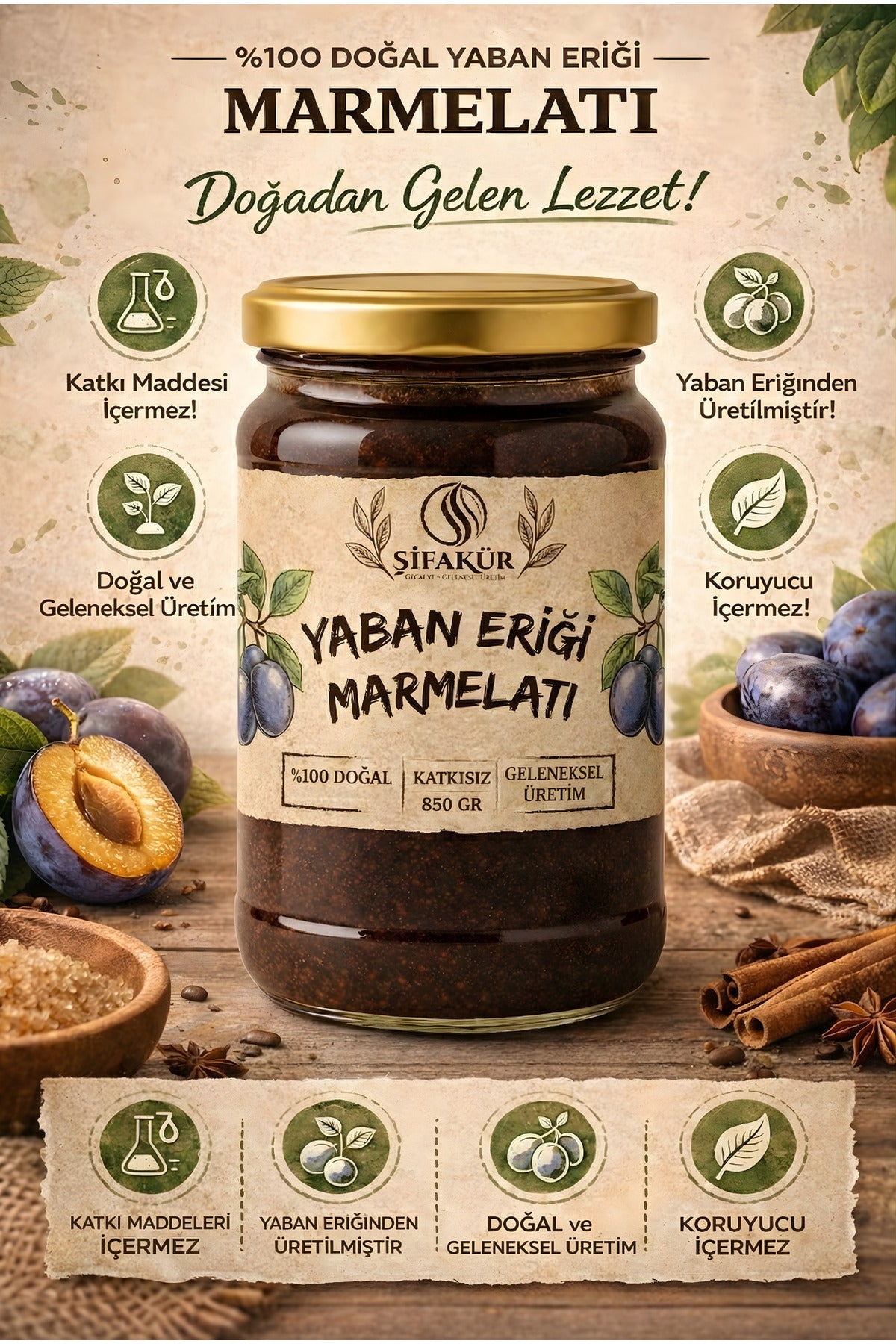 Şifakür Yaban Eriği Marmelatı Doğal Katkısız Şeker İlavesiz Kahvaltılık 850g