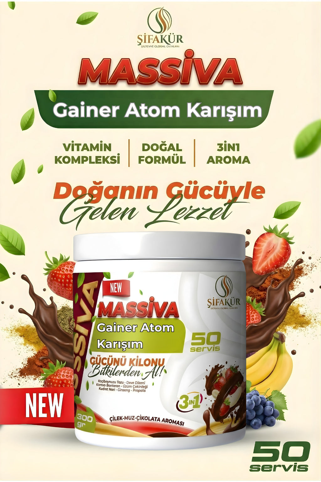Şifakür Massiva Bitkisel Gainer Ginsengli Kilo & İştah Desteği Çilek Muz Çikolata 300gr