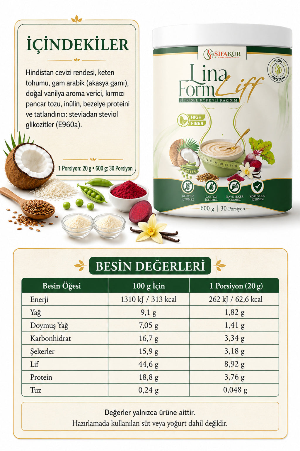 Lina FormLiff Yüksek Lifli Prebiyotik Toz İnülin Akasya Gamı Glutensiz Vanilyalı 600 g