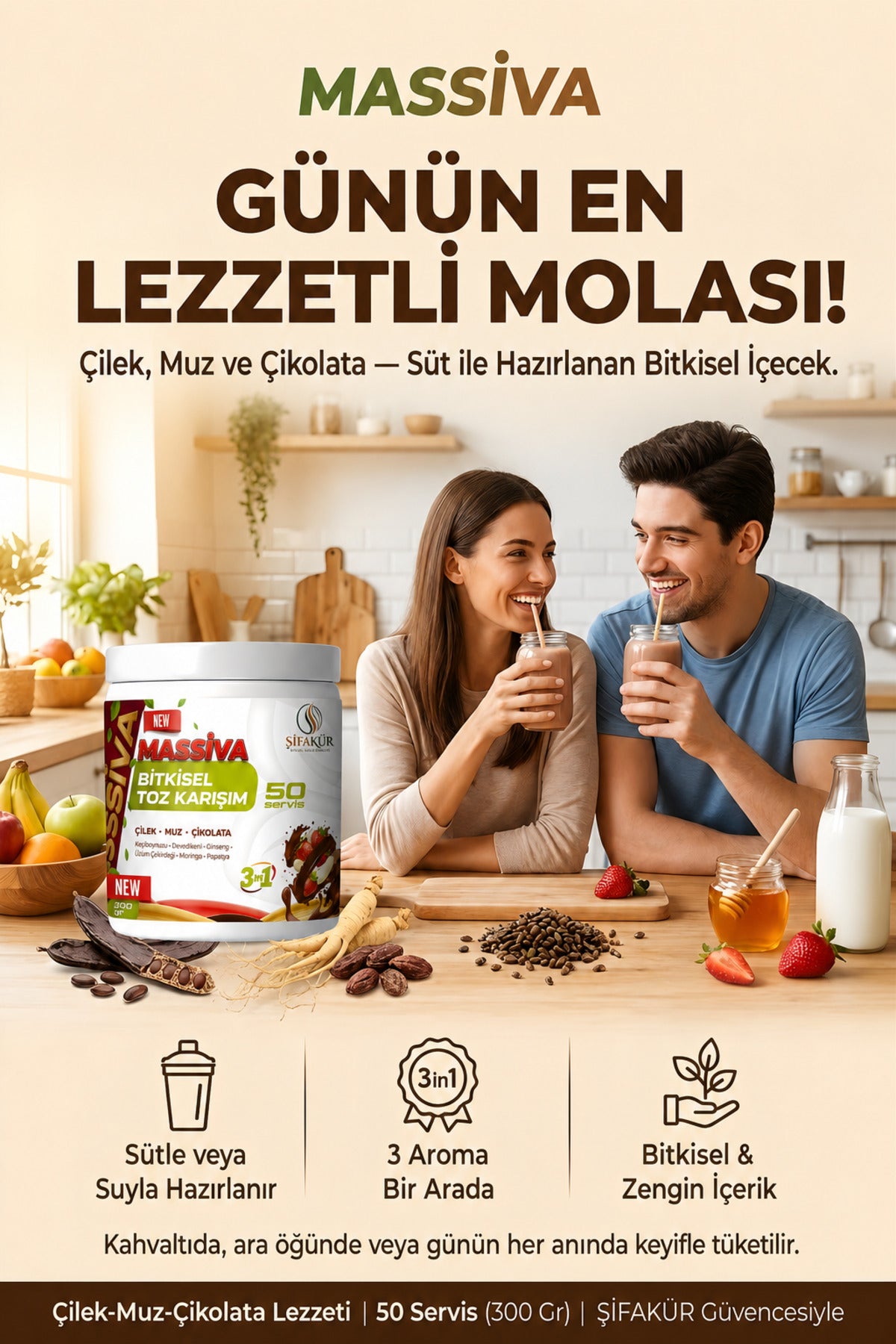 Şifakür Massiva Bitkisel Toz İçecek Karışımı Ginsengli Çilek Muz Çikolata Aromalı 50 Servis 300 gr