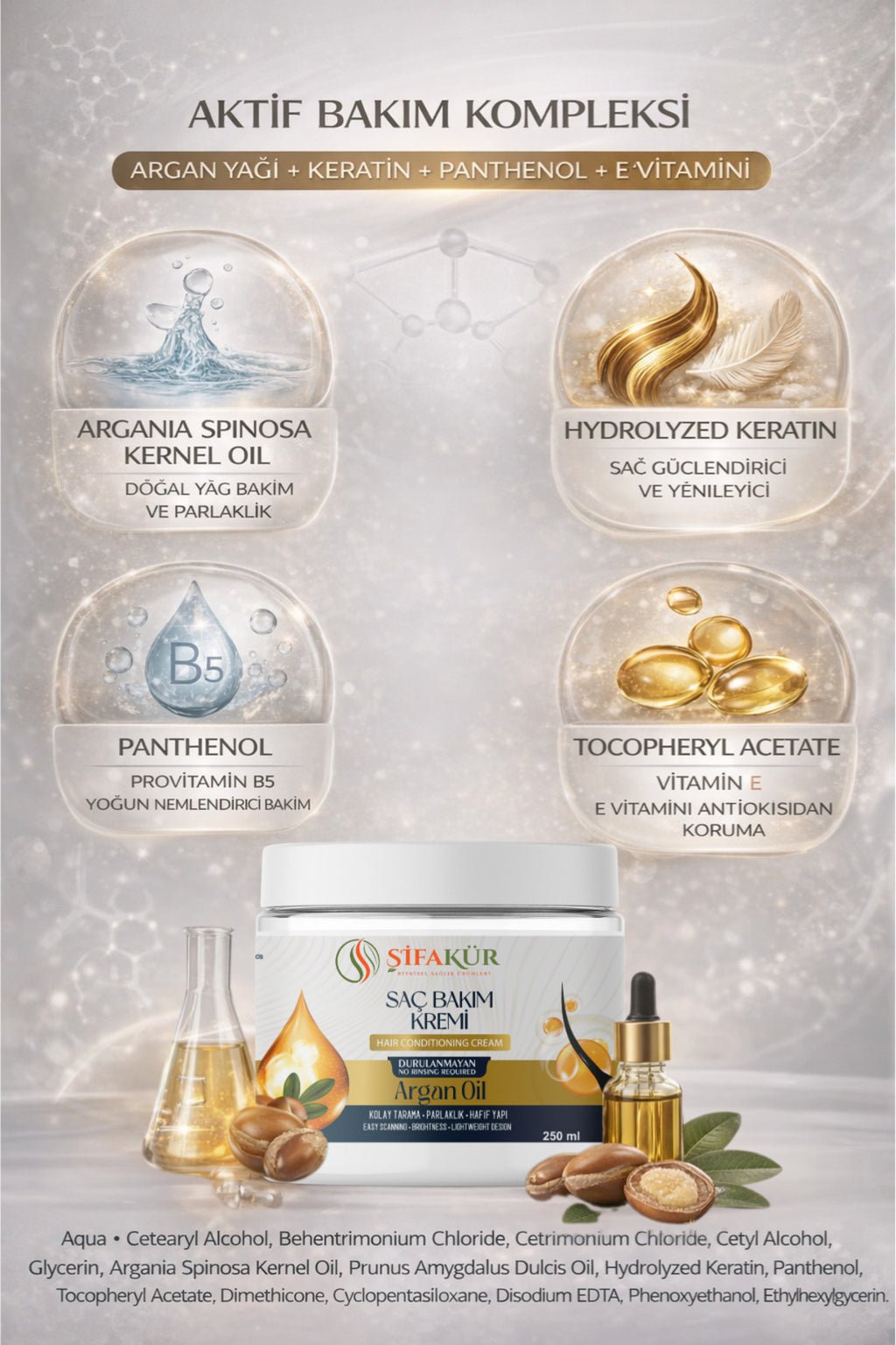 Şifakür Argan Yağlı Sülfatsız Durulanmayan Saç Kremi Besleyici Bakım Kolay Tarama 250ml