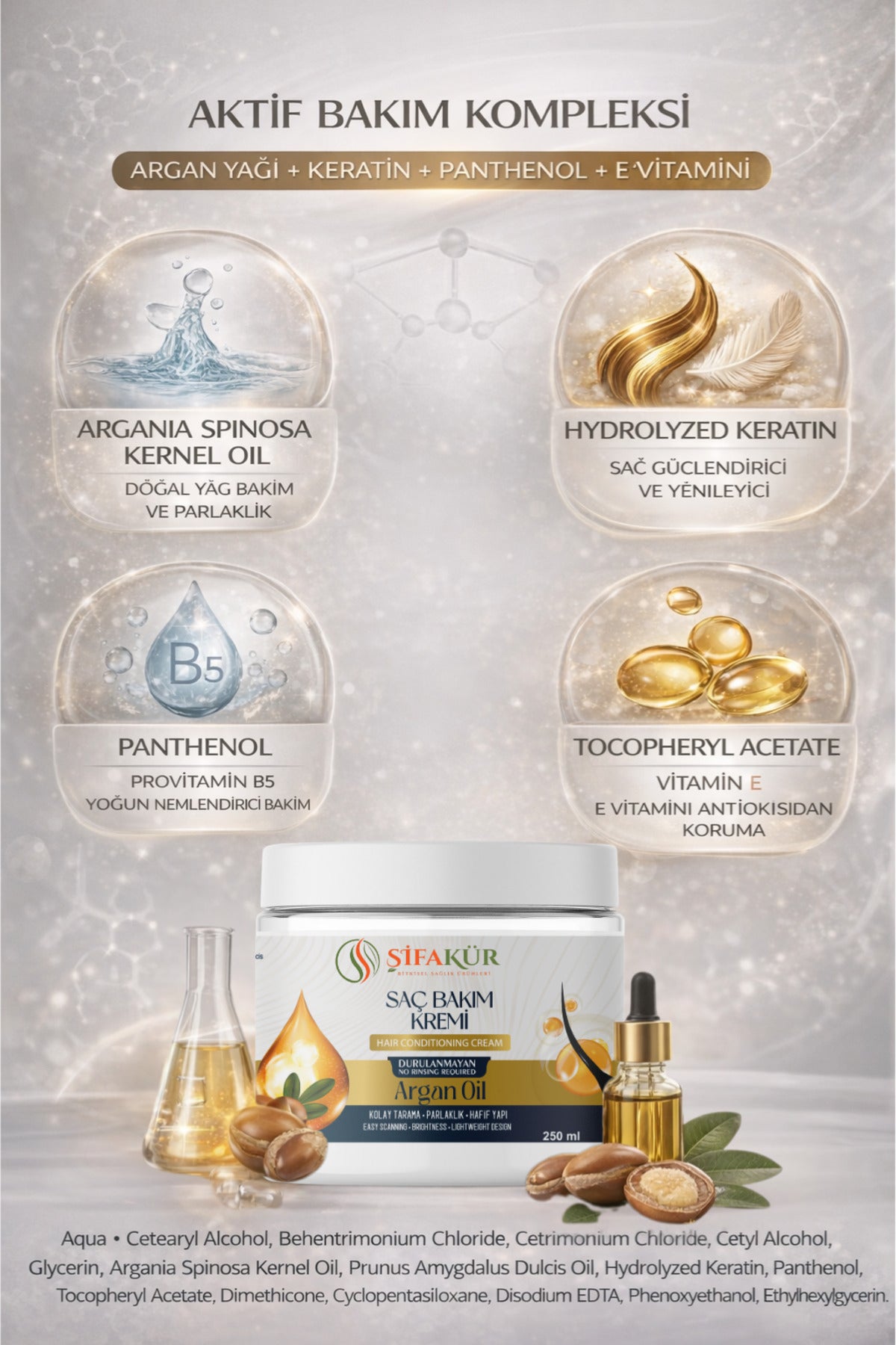 Şifakür Argan Yağlı Sülfatsız Durulanmayan Saç Kremi Besleyici Bakım Kolay Tarama 250ml