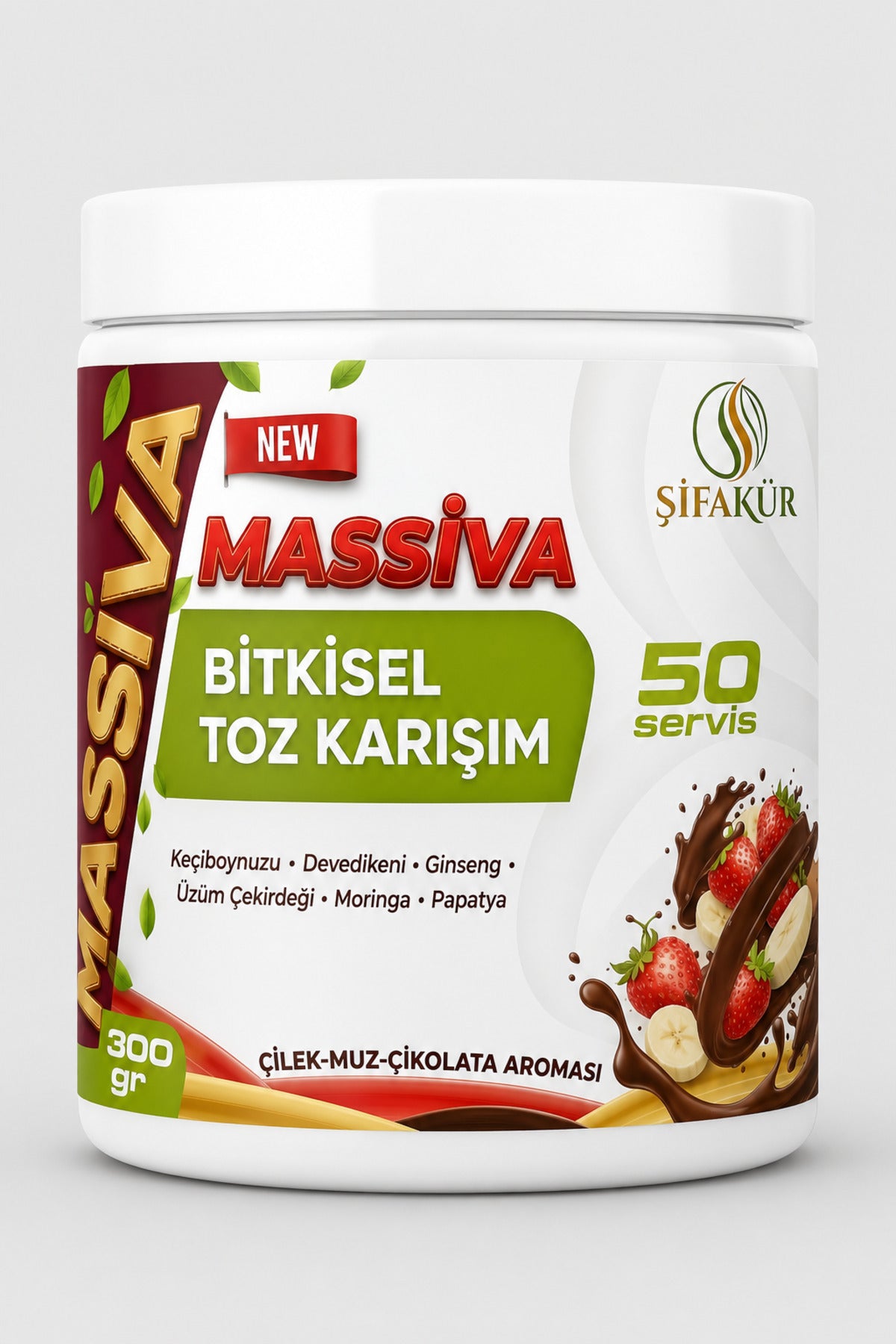 Şifakür Massiva Bitkisel Toz İçecek Karışımı Ginsengli Çilek Muz Çikolata Aromalı 50 Servis 300 gr