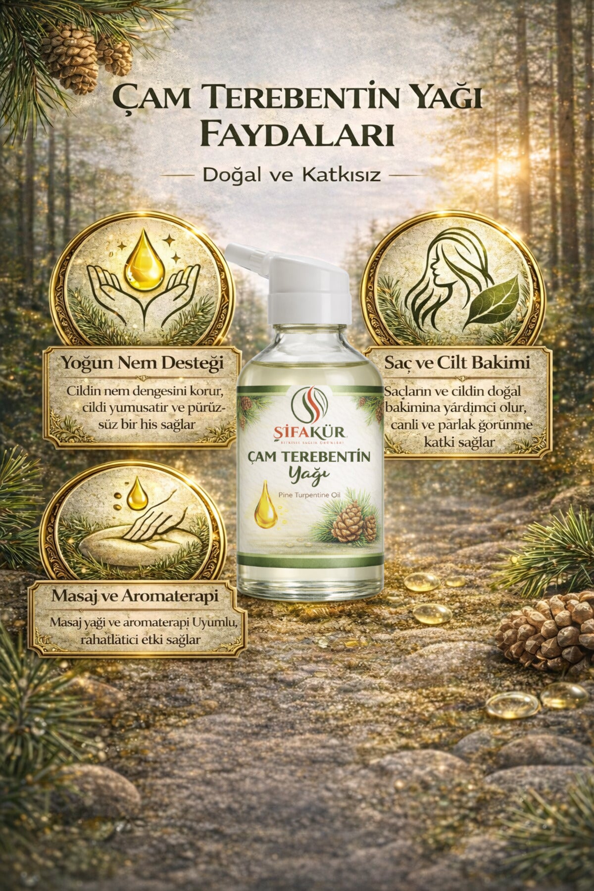 Şifakür Çam Terebentin Yağı %100 Saf Doğal Damlalıklı Cilt Saç Masaj Bakımı 20ml