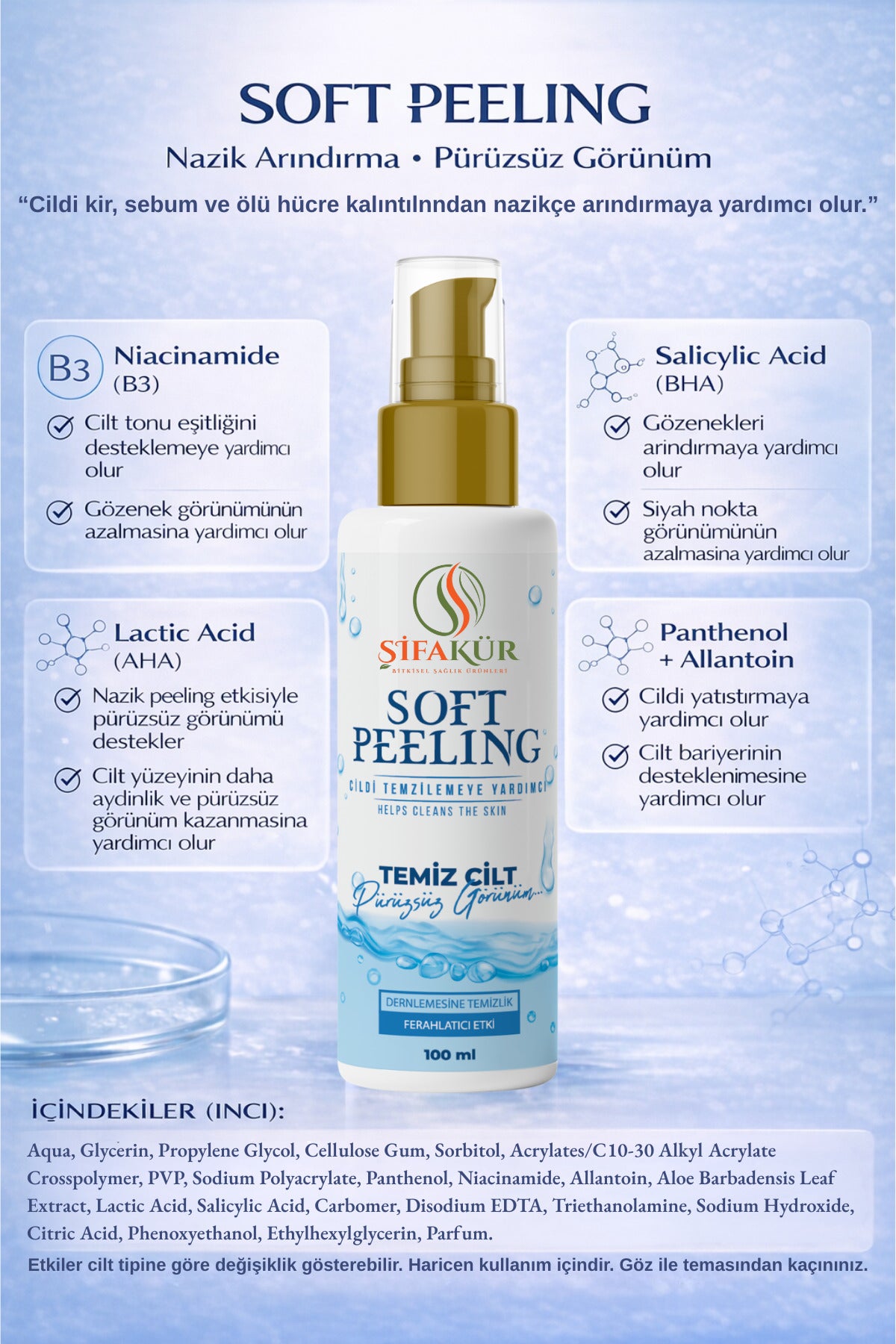 Şifakür Soft Peeling AHA BHA Laktik Salisilik Asit Niasinamid Cilt Arındırıcı Bakım 100ml
