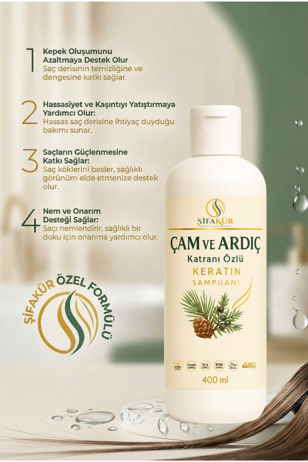 Şifakür Çam Ardıç Katranlı Keratin Şampuan Kepek Karşıtı Tuzsuz 400ml
