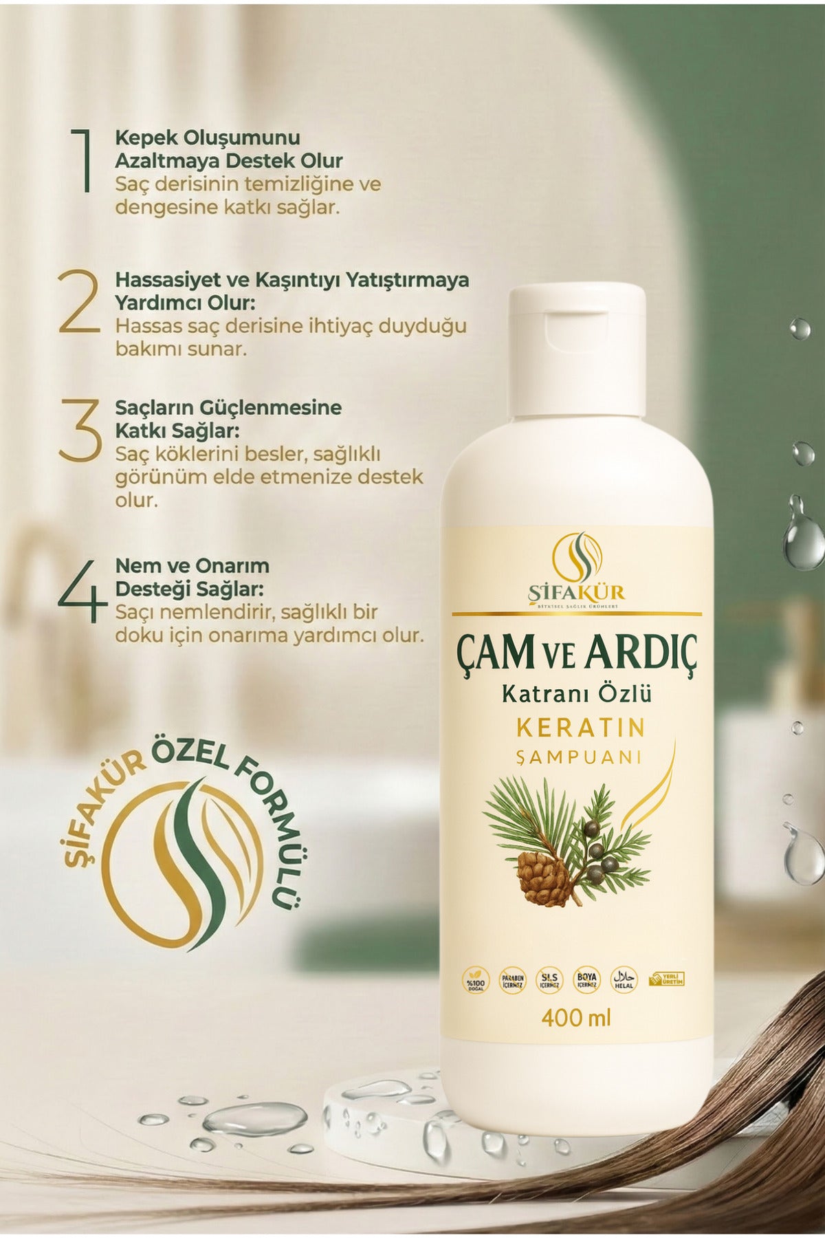 Şifakür Çam Ardıç Katranlı Keratin Şampuan Kepek Karşıtı Tuzsuz 400ml