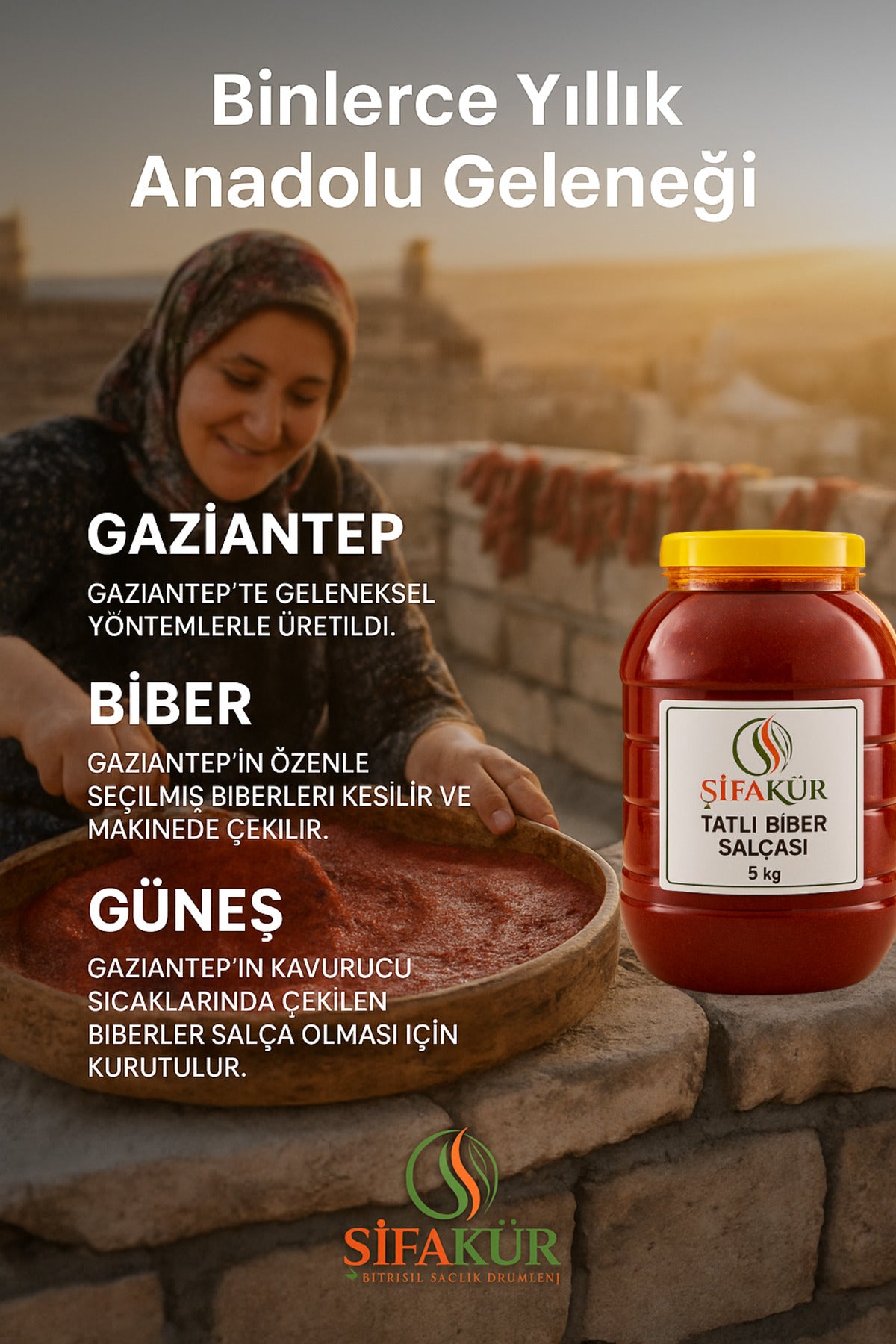Şifakür Tatlı Biber Salçası Güneşte Kurutulmuş Doğal Gaziantep Ev Yapımı Yemeklik 5 KG