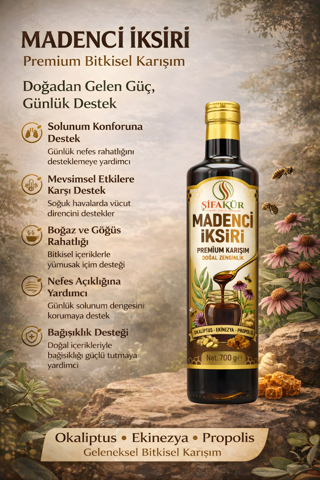 Şifakür Madenci İksiri Propolis Okaliptus Ekinezya Bitkisel Karışım Mevsimsel Destek 700g