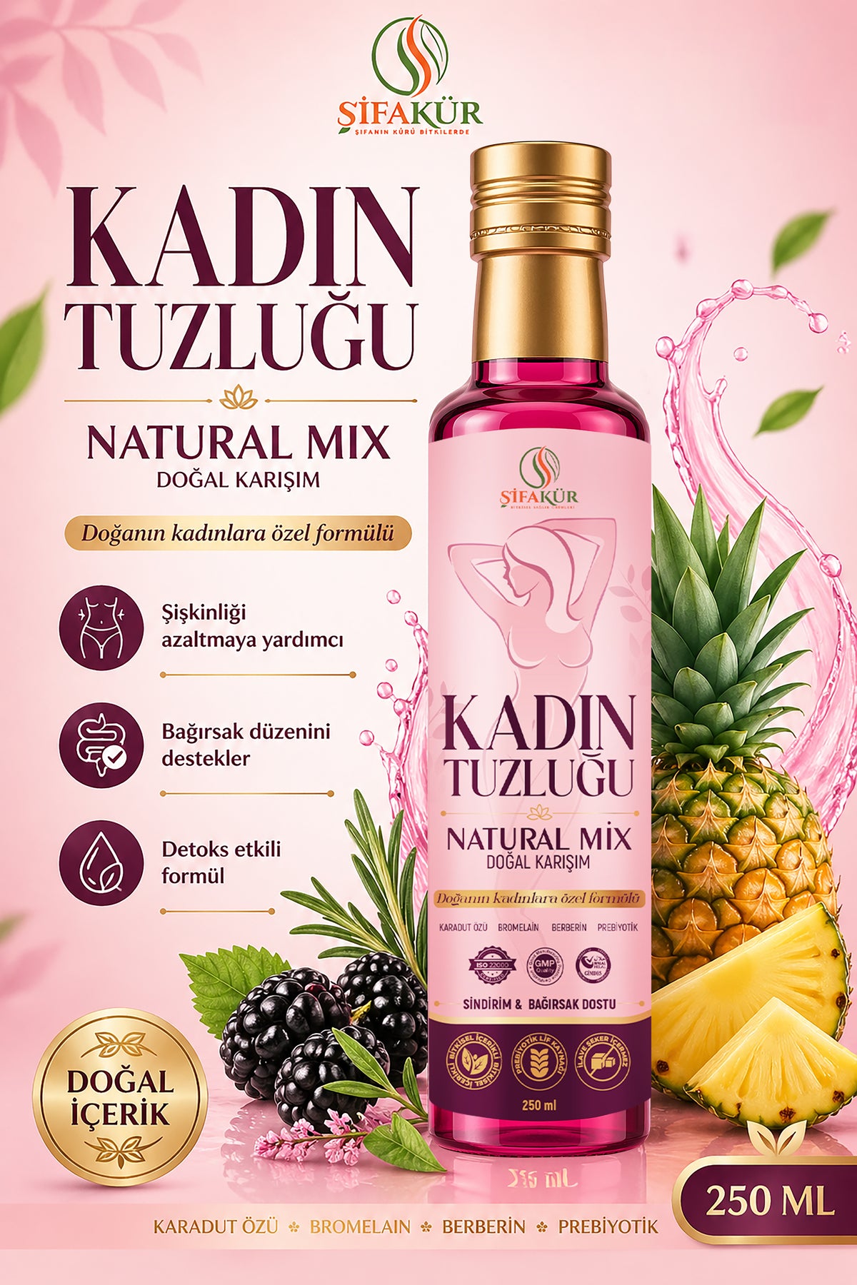 ŞİFAKÜR Kadın Tuzluğu Natural Mix 250 ml Sıvı Bitkisel Karışım Karadut Özlü Bromelain Prebiyotik