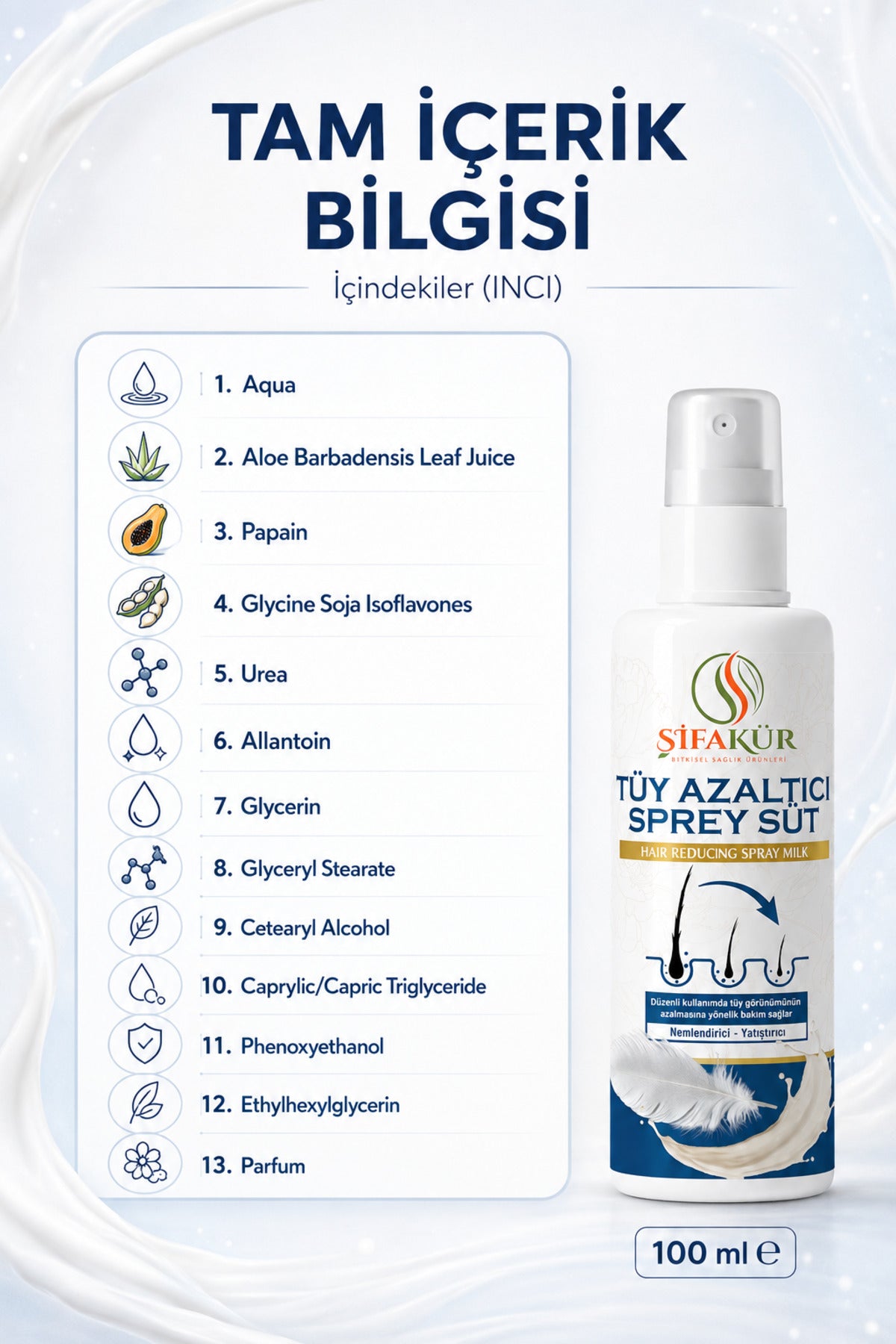 Epilasyon Sonrası Bakım Spreyi 100 ml Papain ve Aloe Veralı Süt Sprey
