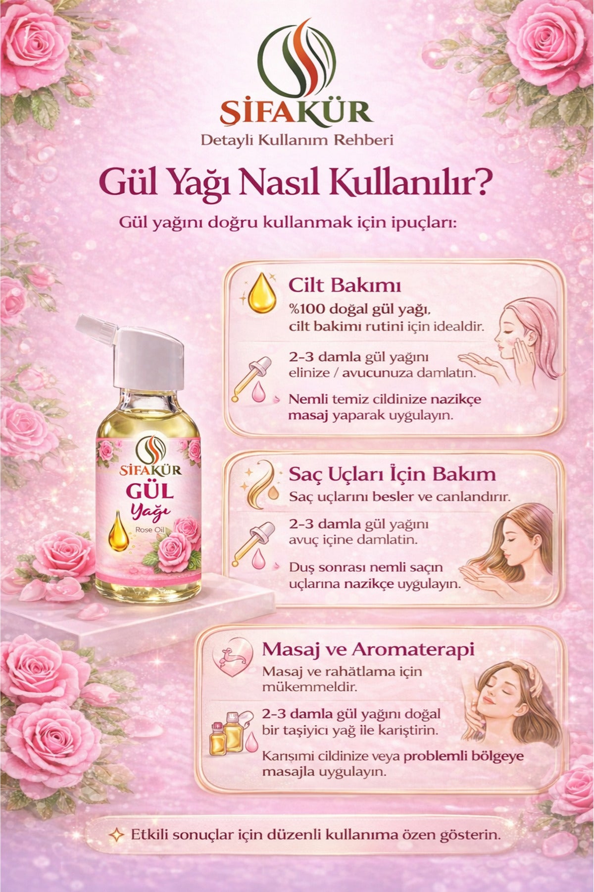 Şifakür %100 Saf Doğal Gül Yağı Damlalıklı Cilt Saç Masaj Bakımı 20ml