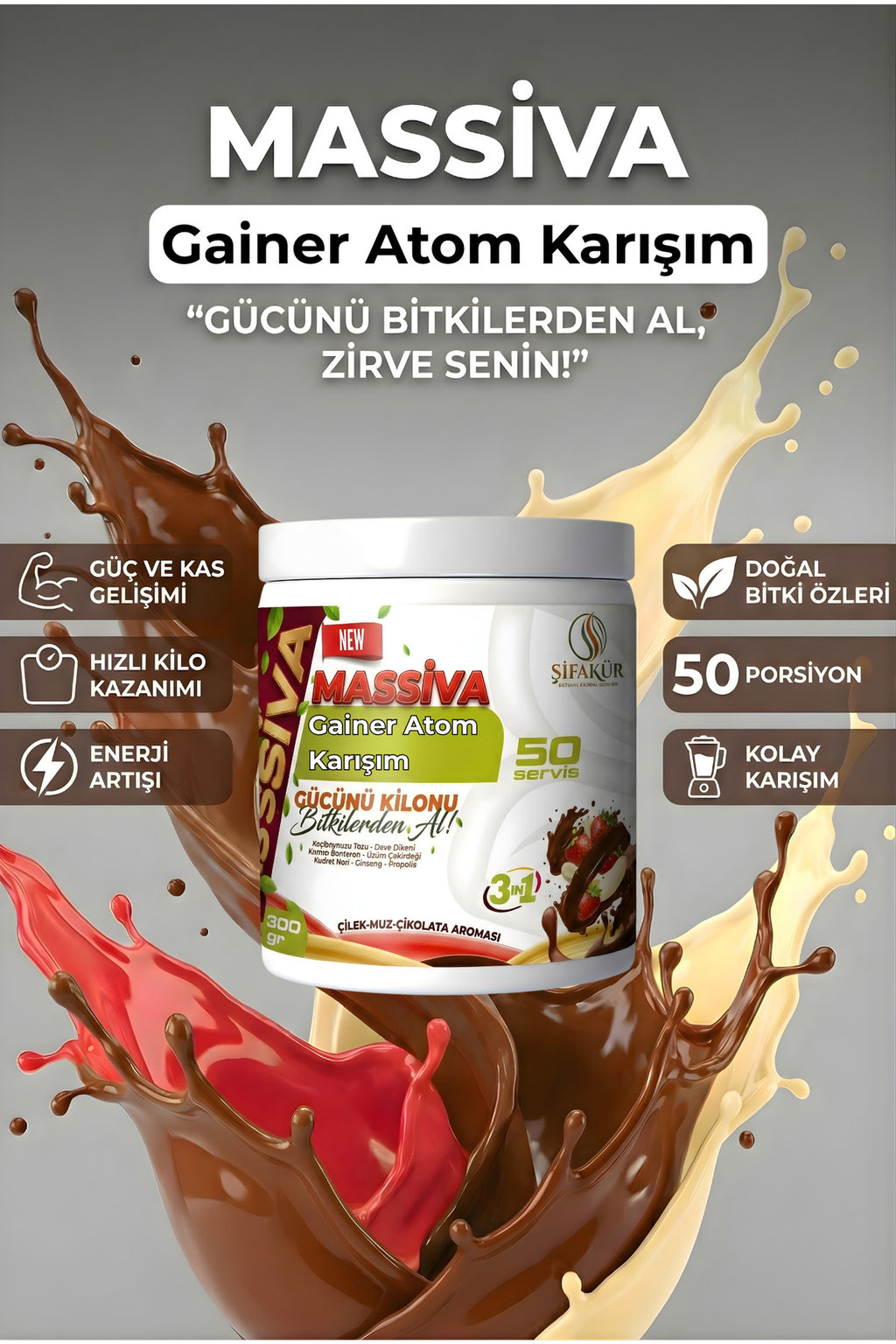 Şifakür Massiva Bitkisel Gainer Ginsengli Kilo & İştah Desteği Çilek Muz Çikolata 300gr