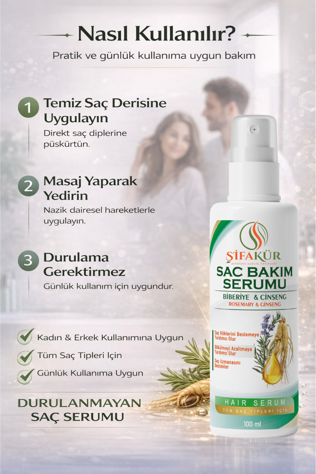 Şifakür Saç Bakım Serumu Biberiye Ginseng Biotin Keratinli Canlandırıcı 100ml