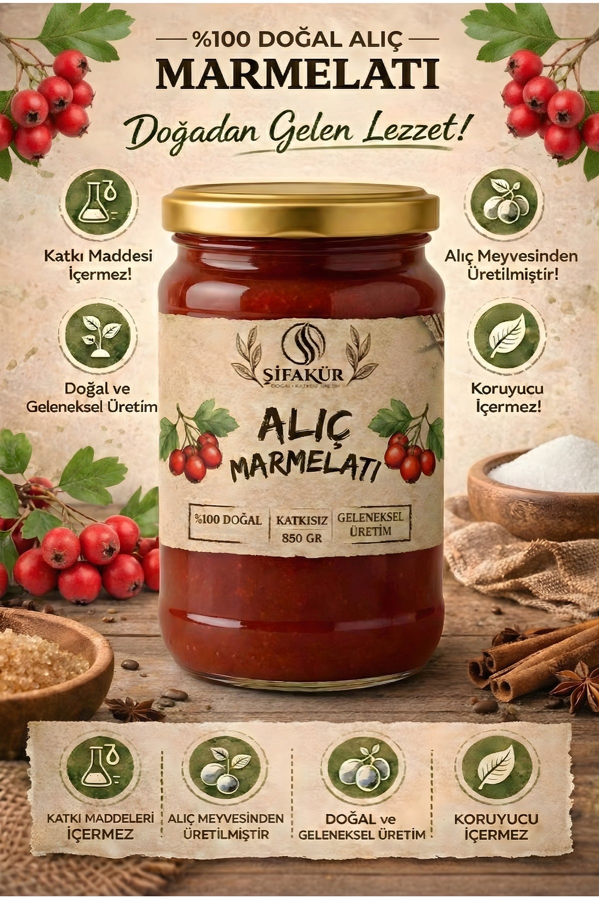Şifakür Alıç Marmelatı Şeker İlavesiz Katkısız Doğal Kahvaltılık 850g