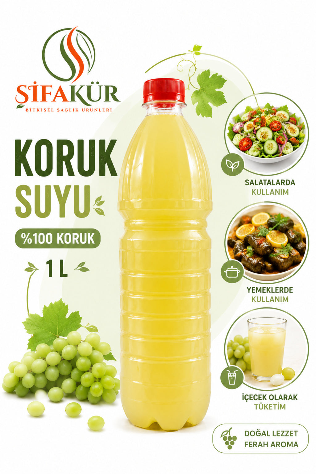Şifakür Koruk Suyu Ekşi Üzüm Suyu Salata, Yemek ve İçecek İçin 1 L
