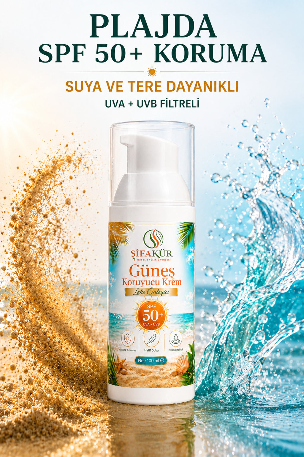 SPF 50+ Güneş Kremi UVA UVB Filtreli Arbutinli Hyaluronik Asitli Nemlendirici 100 ml