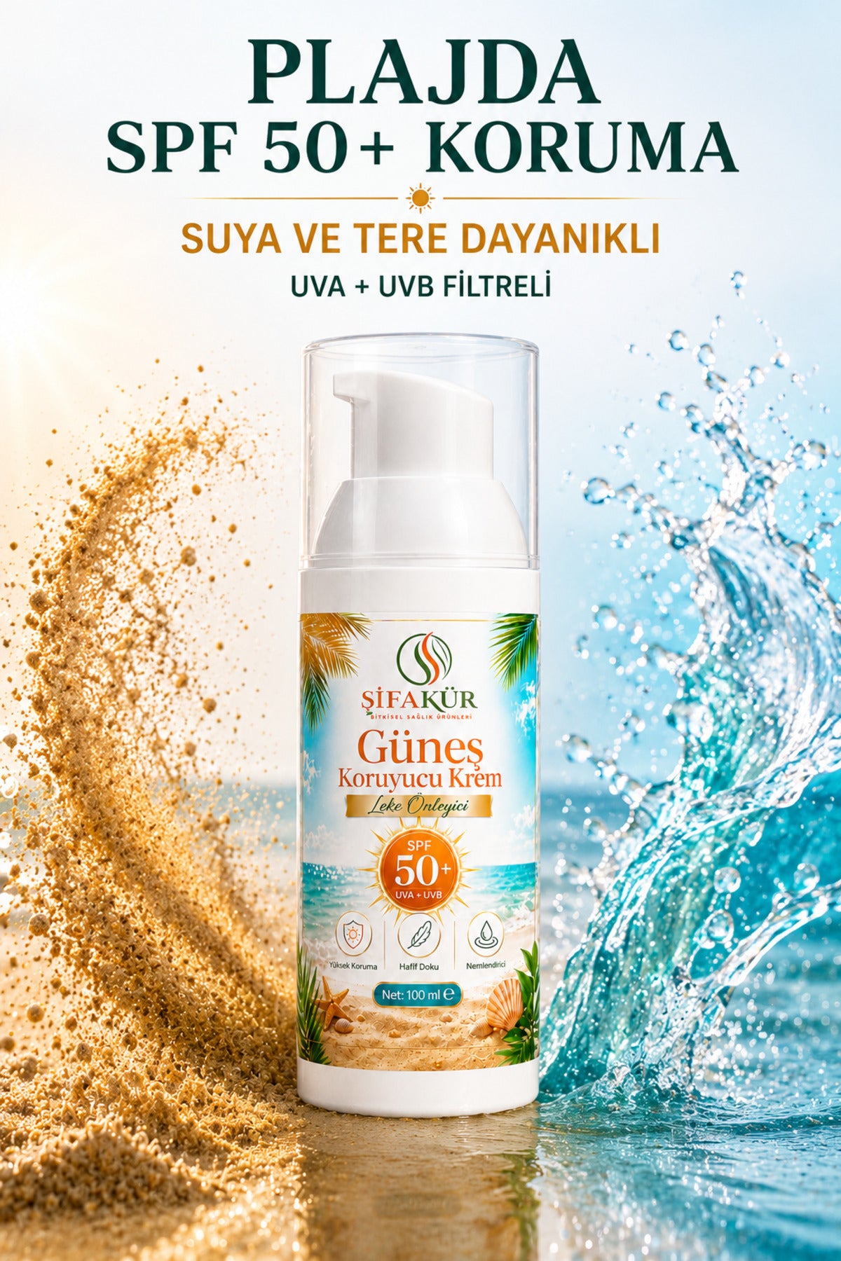 SPF 50+ Güneş Kremi UVA UVB Filtreli Arbutinli Hyaluronik Asitli Nemlendirici 100 ml