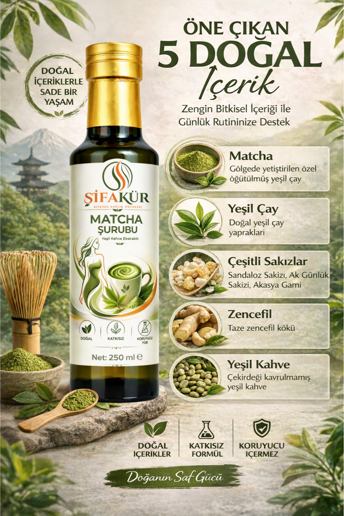 Şifakür Japon Matcha Şurubu 250 ml Yeşil Çay Ekstraktlı Bitkisel İçerikli Sıvı Ürün