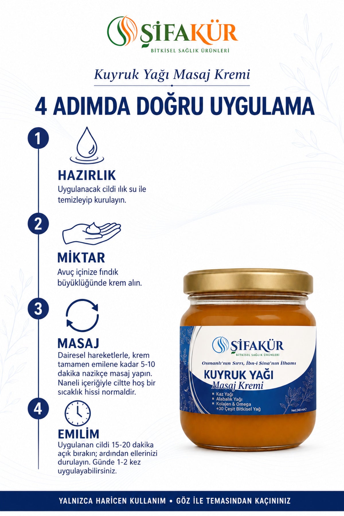 Şifakür Kuyruk Yağı Masaj Kremi Kaz Yağı Alabalık Yağı Kolajenli Cilt Bakım Kremi 240 ml