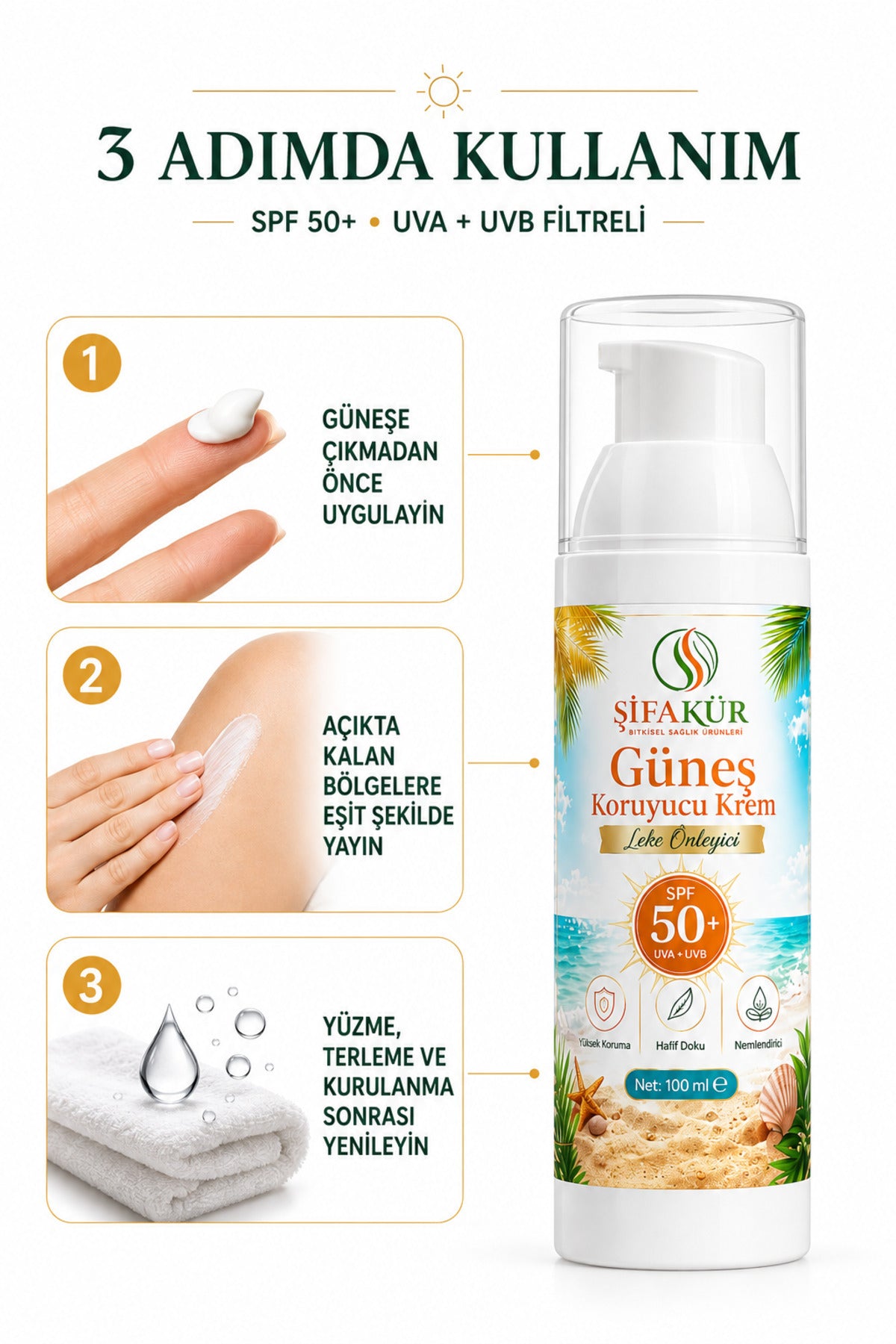 SPF 50+ Güneş Kremi UVA UVB Filtreli Arbutinli Hyaluronik Asitli Nemlendirici 100 ml