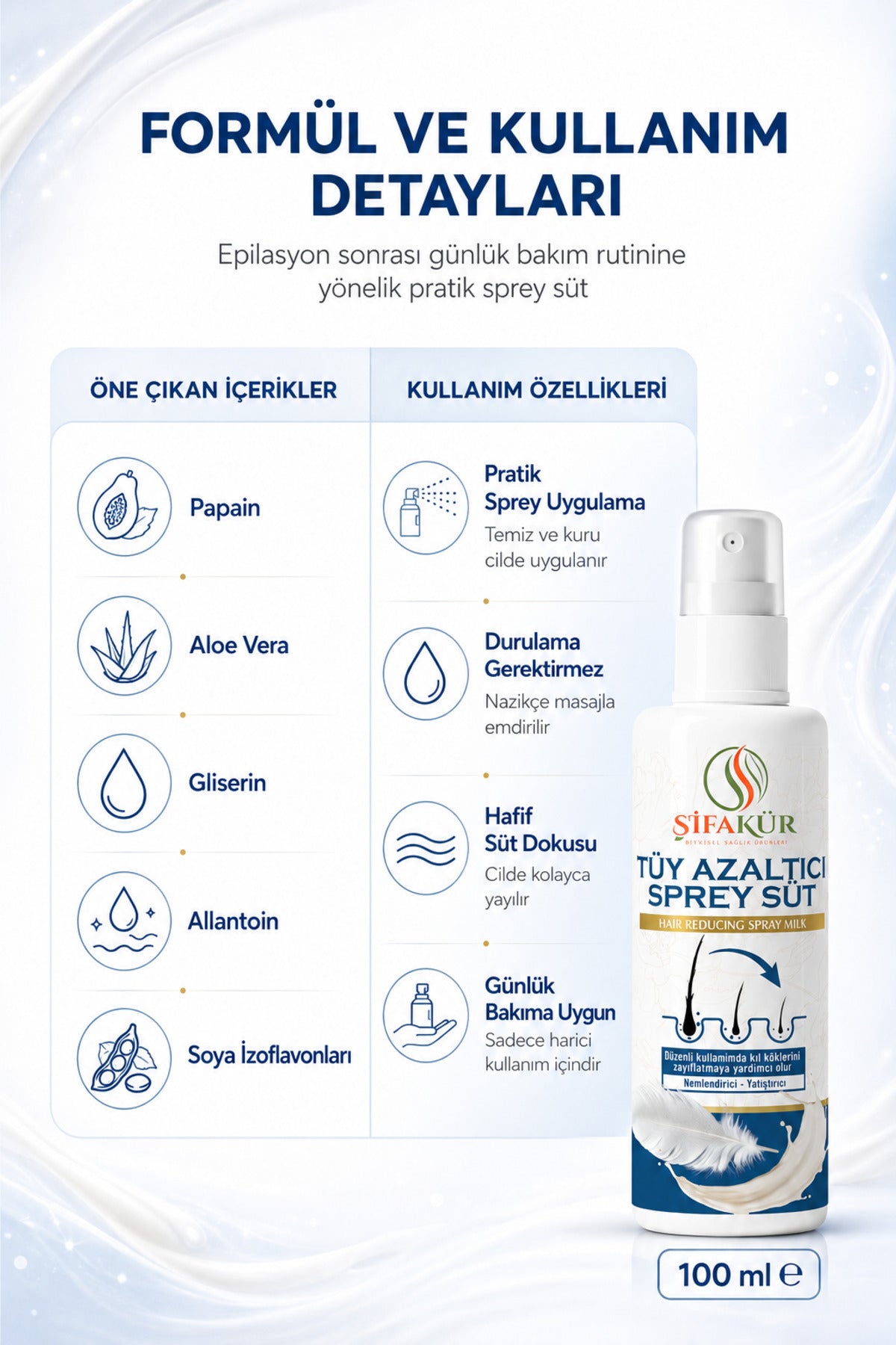 Epilasyon Sonrası Bakım Spreyi 100 ml Papain ve Aloe Veralı Süt Sprey