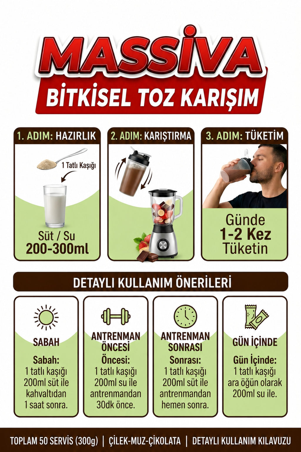 Şifakür Massiva Bitkisel Toz İçecek Karışımı Ginsengli Çilek Muz Çikolata Aromalı 50 Servis 300 gr