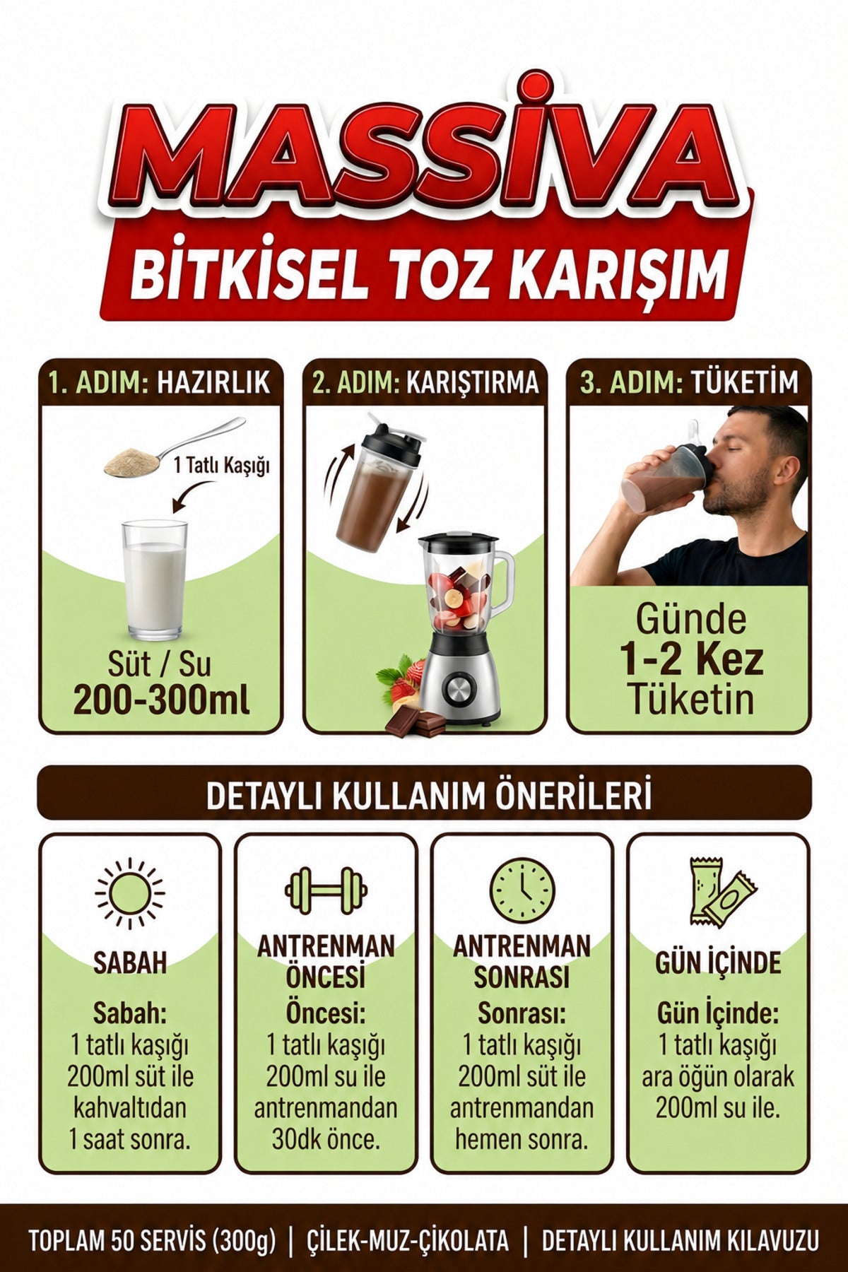 Şifakür Massiva Bitkisel Toz İçecek Karışımı Ginsengli Çilek Muz Çikolata Aromalı 50 Servis 300 gr