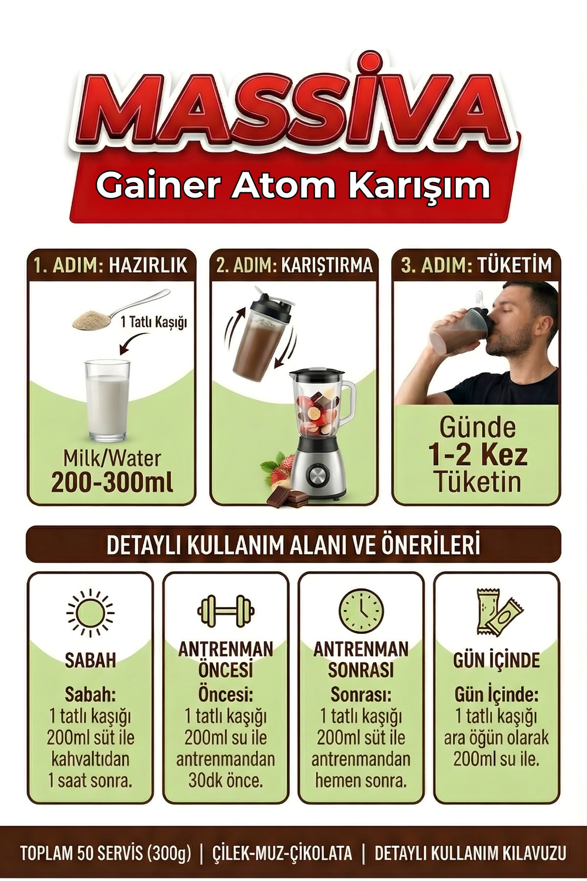 Şifakür Massiva Bitkisel Gainer Ginsengli Kilo & İştah Desteği Çilek Muz Çikolata 300gr