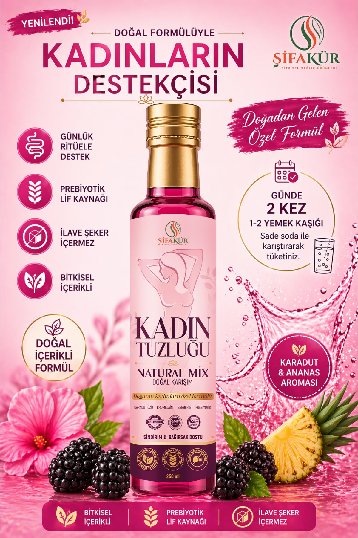 ŞİFAKÜR Kadın Tuzluğu Natural Mix 250 ml Sıvı Bitkisel Karışım Karadut Özlü Bromelain Prebiyotik